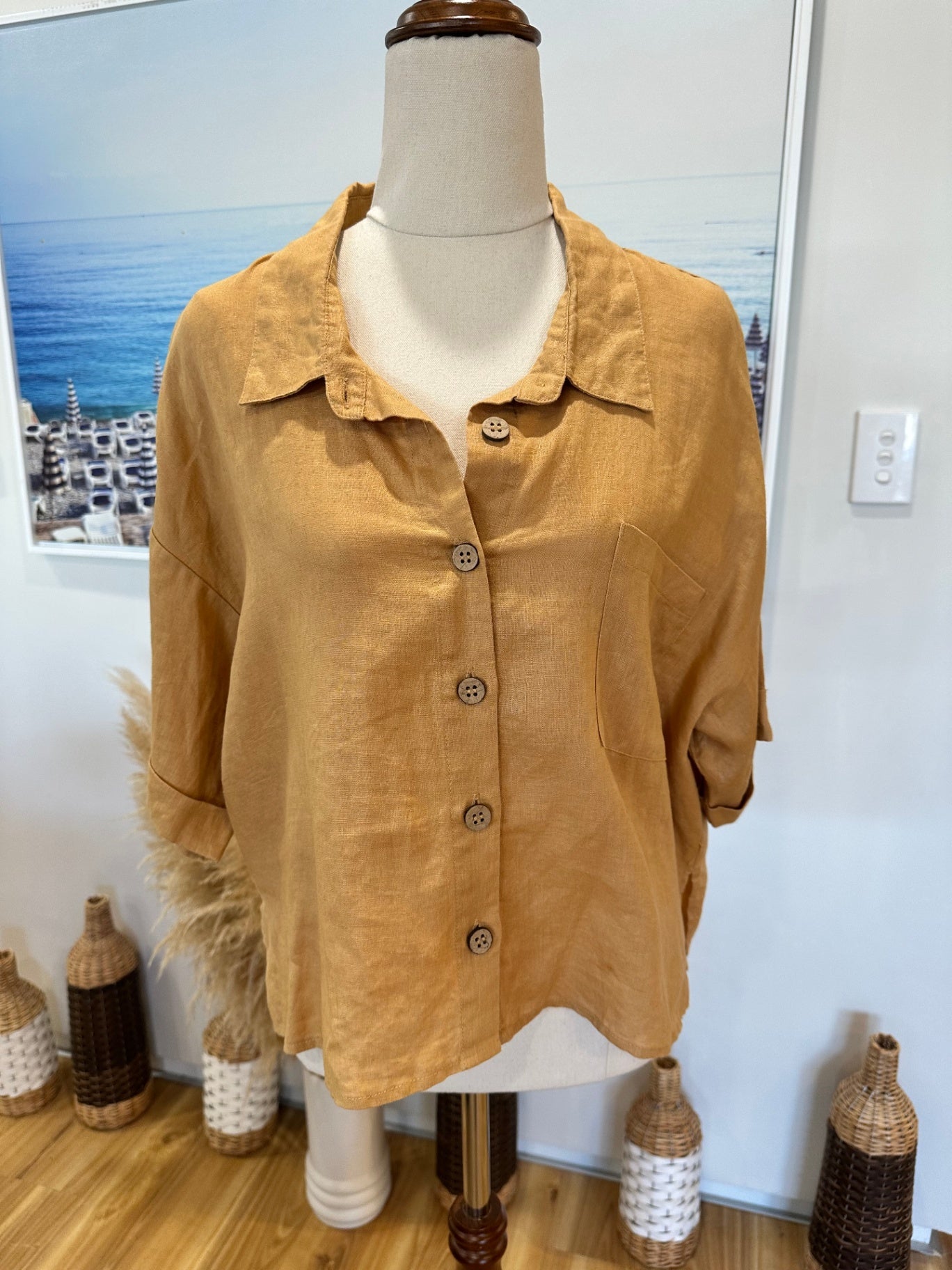 100% Linen - Cropped Shirt - Large - Beige / Tan