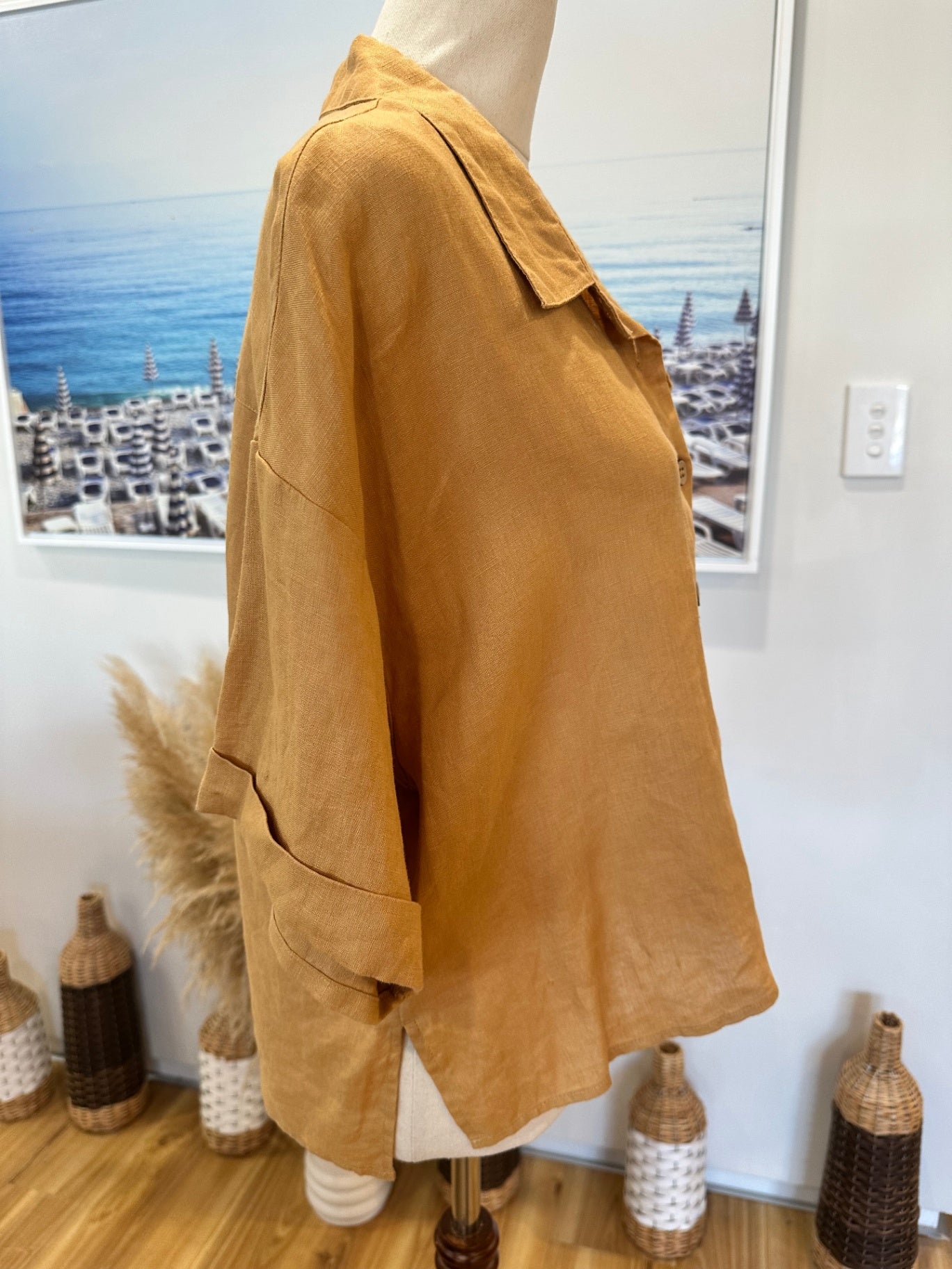 100% Linen - Cropped Shirt - Large - Beige / Tan