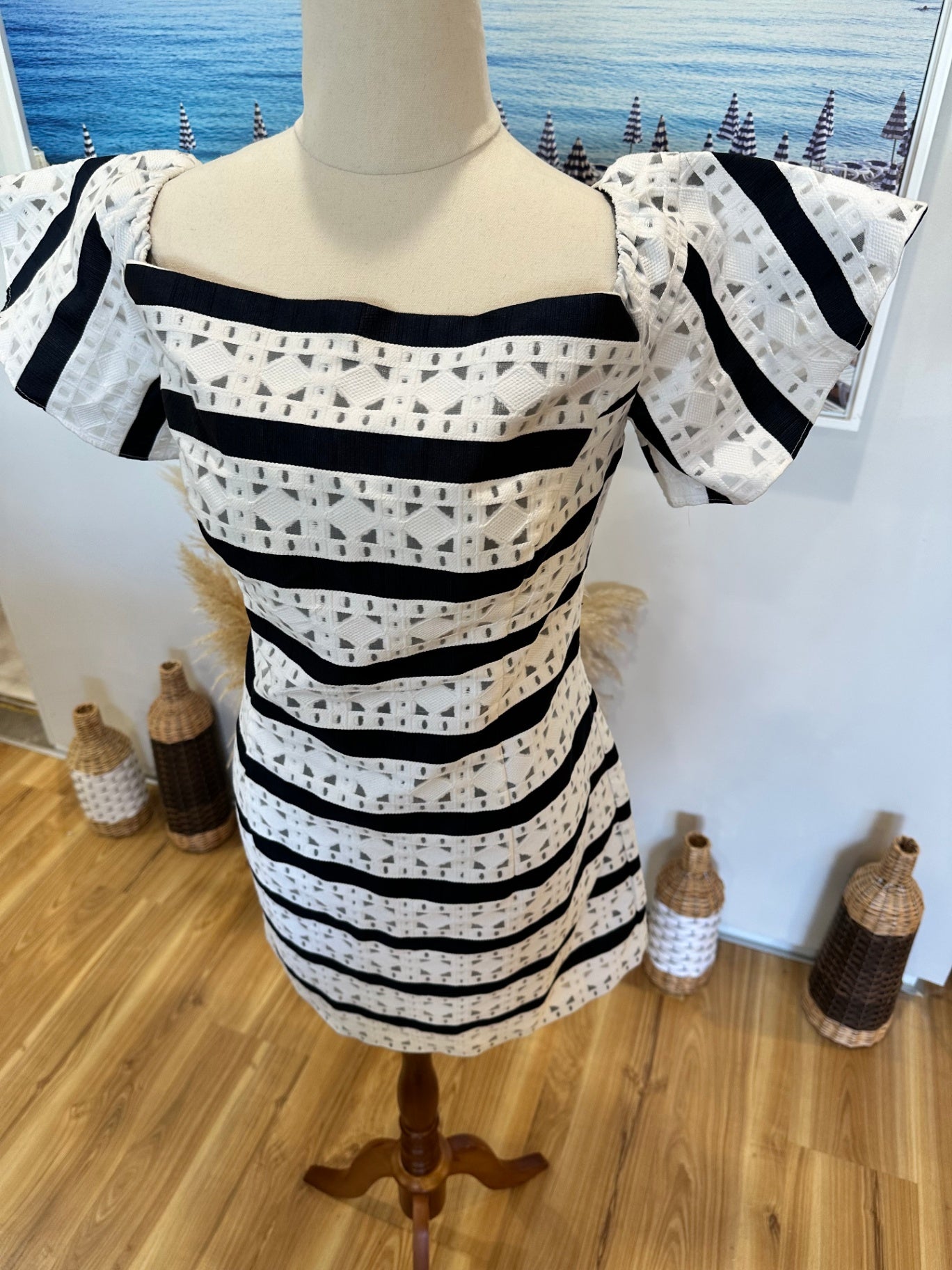 [SALE] Forever New - Off-shoulder Dress - Size 14 - Black + White Stripes
