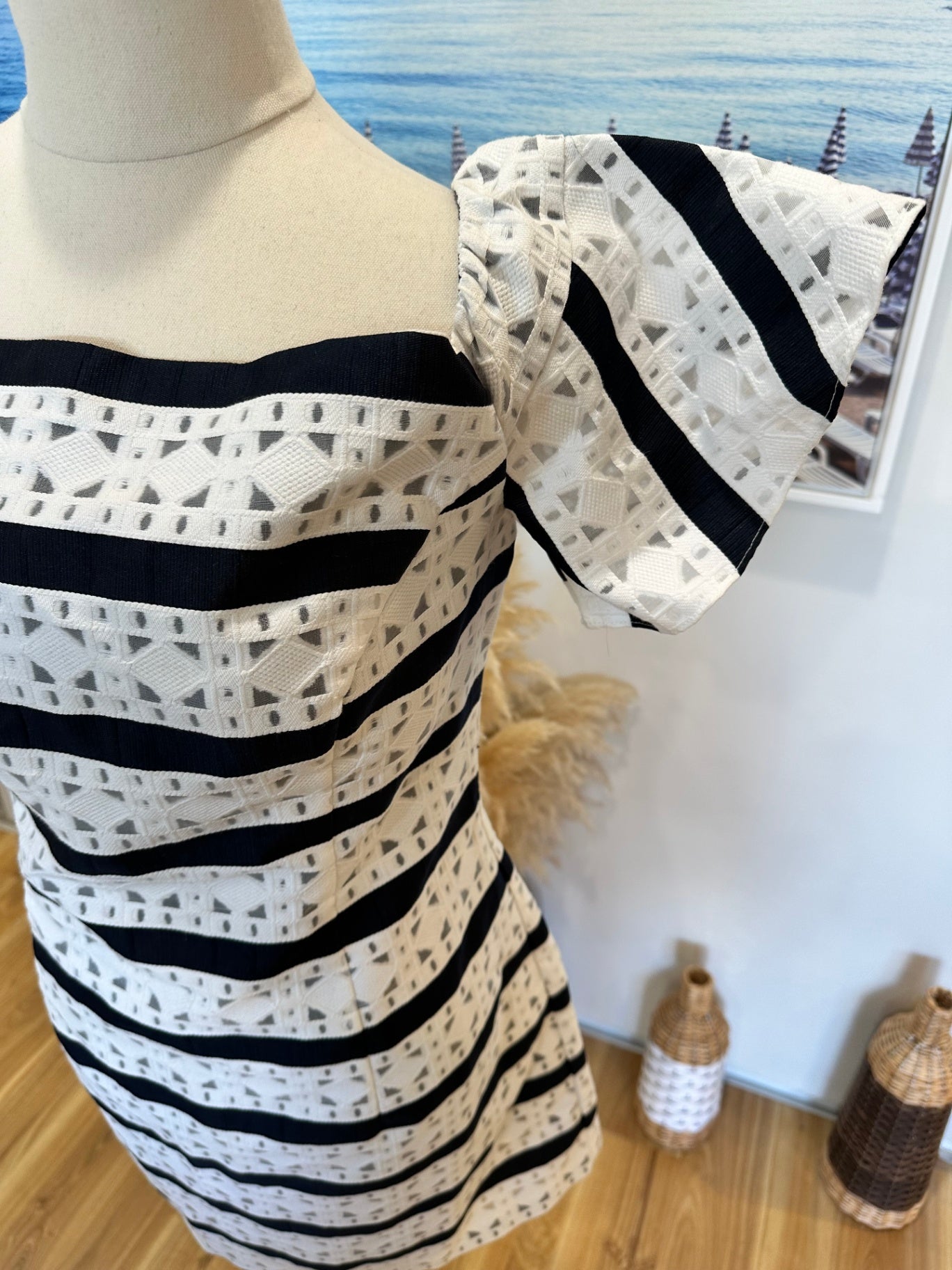 [SALE] Forever New - Off-shoulder Dress - Size 14 - Black + White Stripes