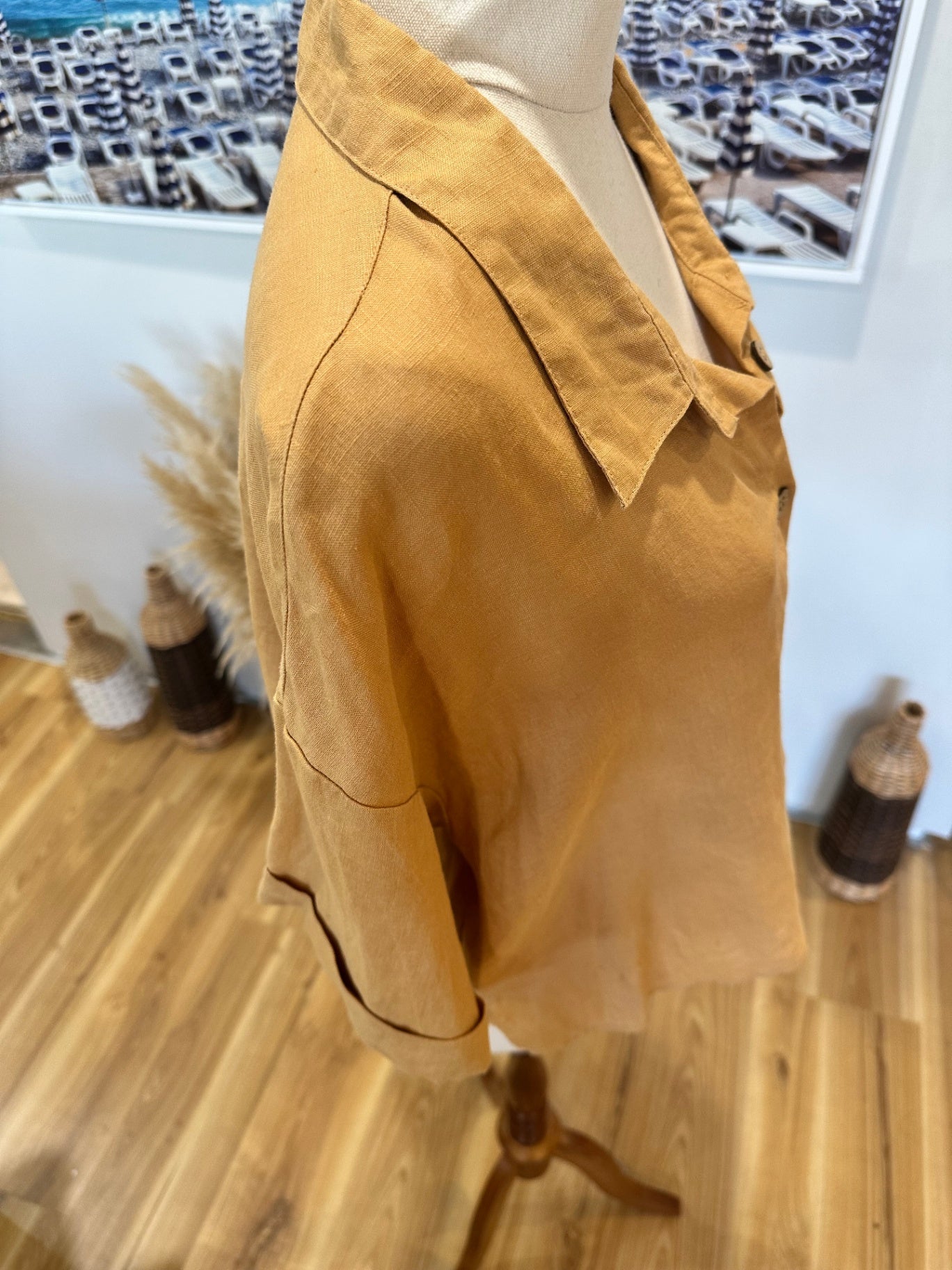 100% Linen - Cropped Shirt - Large - Beige / Tan