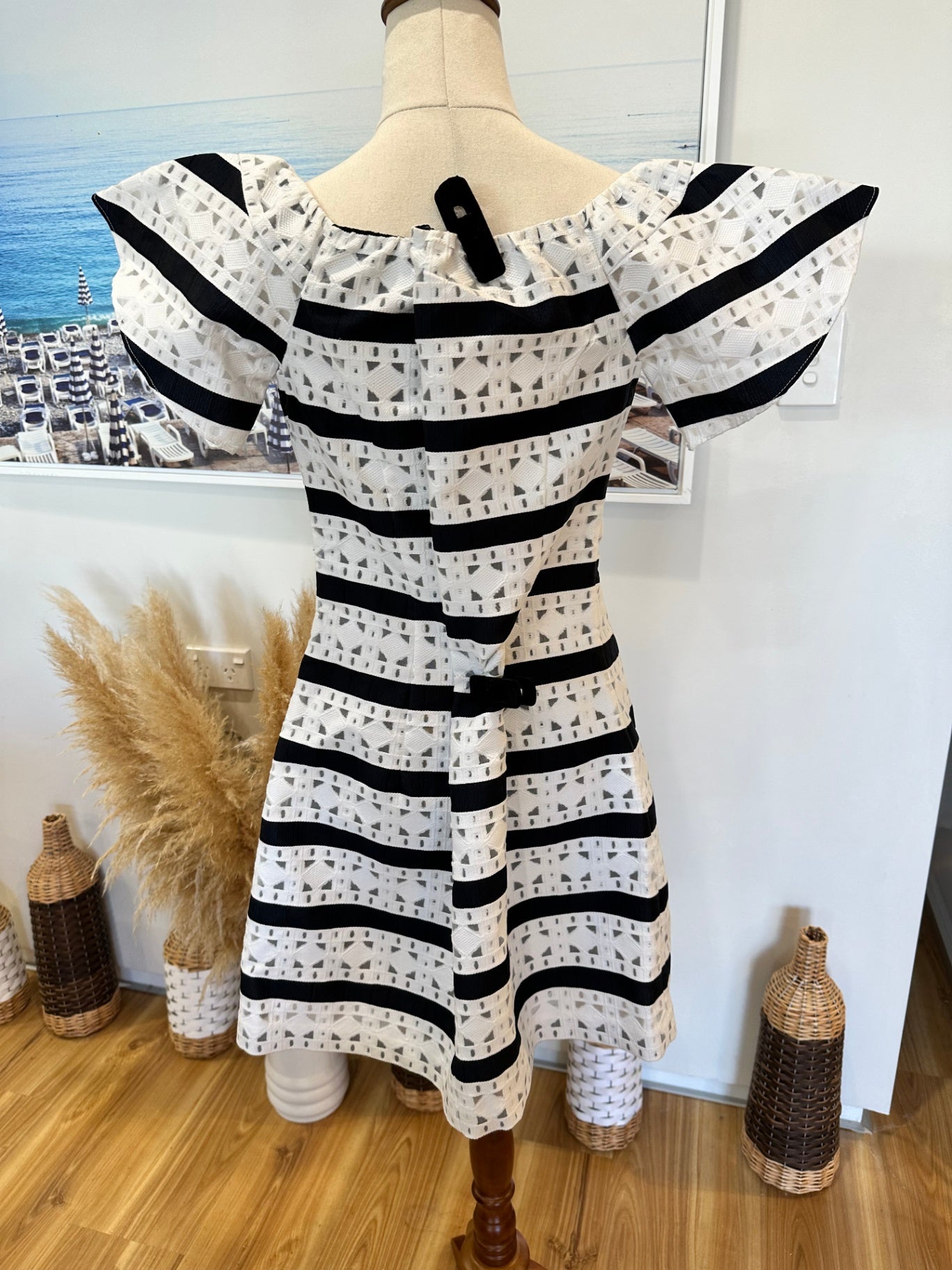 [SALE] Forever New - Off-shoulder Dress - Size 14 - Black + White Stripes