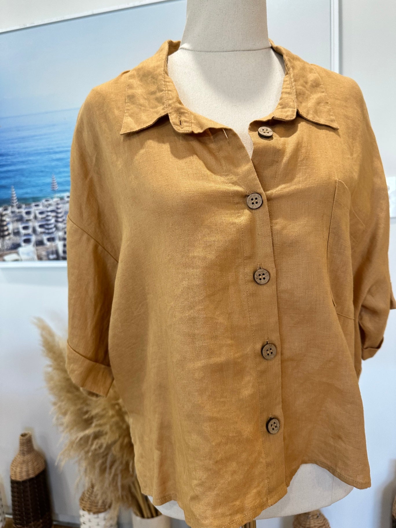 100% Linen - Cropped Shirt - Large - Beige / Tan