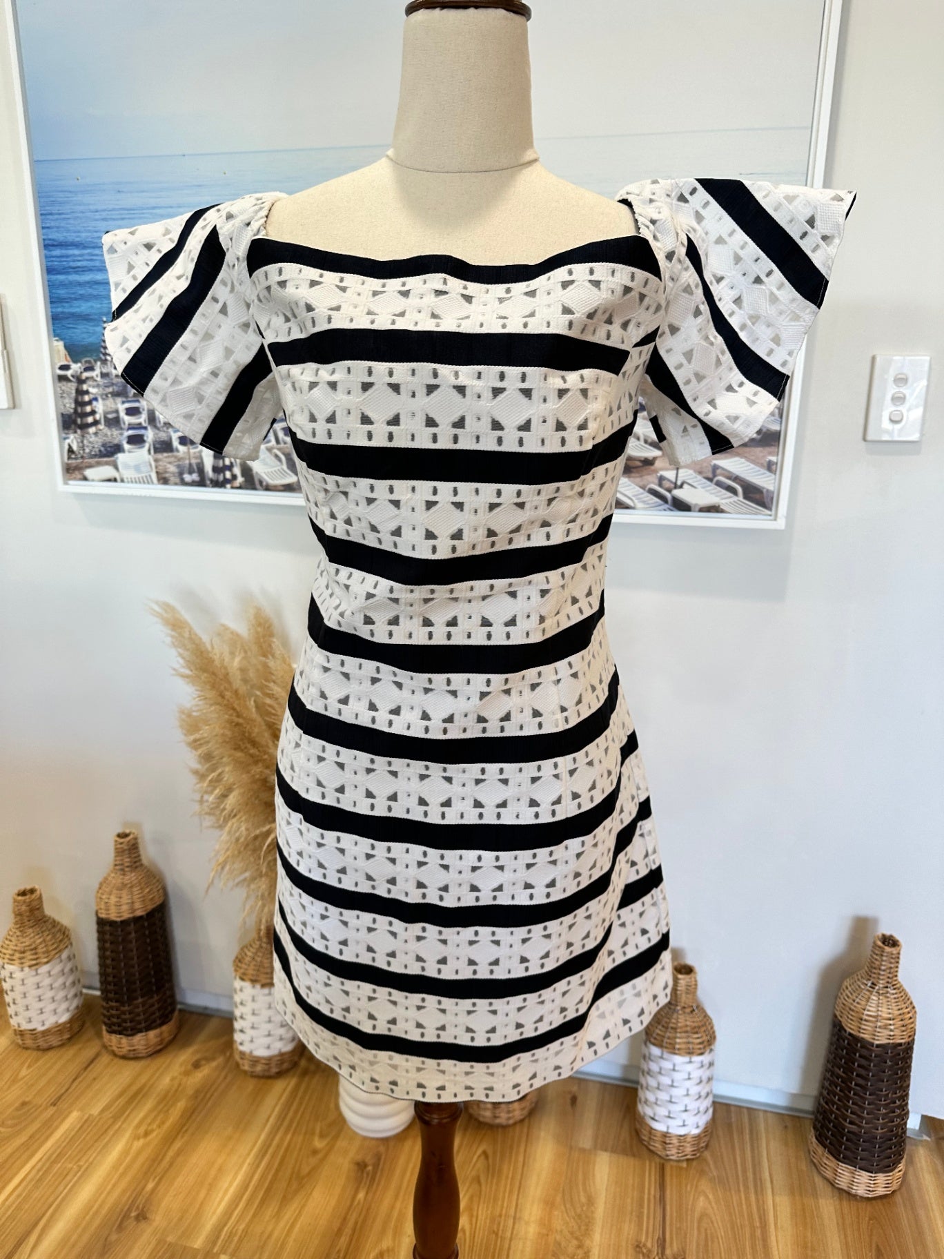 [SALE] Forever New - Off-shoulder Dress - Size 14 - Black + White Stripes