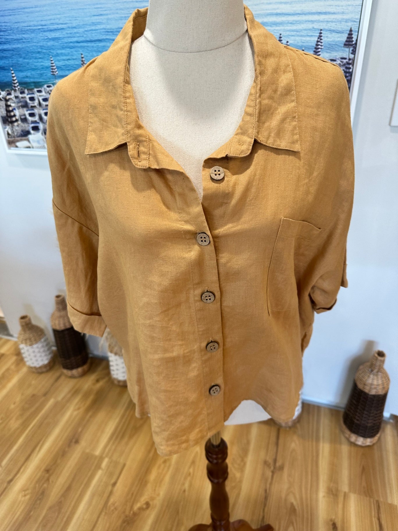 100% Linen - Cropped Shirt - Large - Beige / Tan
