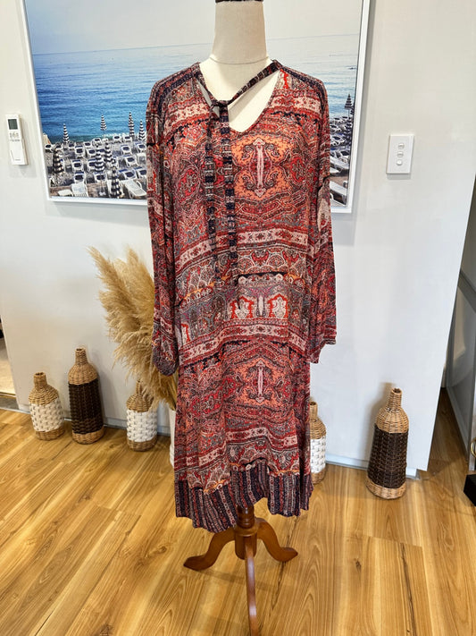 [SALE] Lilac & Sage - Bohemian Dress - Medium Red, Orange, Black, White