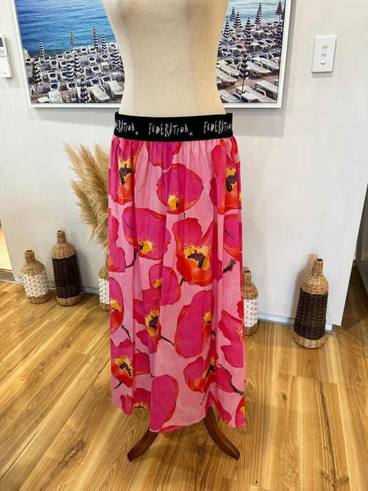 [SALE] [NEW] Federation Skirt - Large - Pink with red, yellow, and black floral pattern