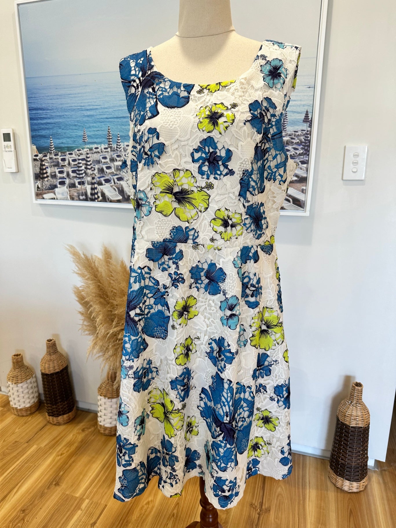 [SALE] Stella - Lace Shift Dress - Size 16- White, Blue + Lime Green