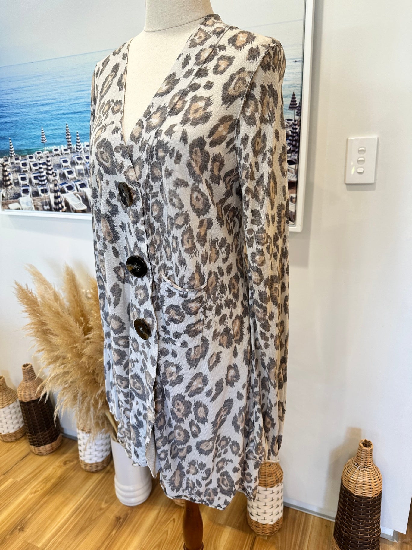 [SALE] Verge - Longline Cardigan - Large - Beige w leopard print