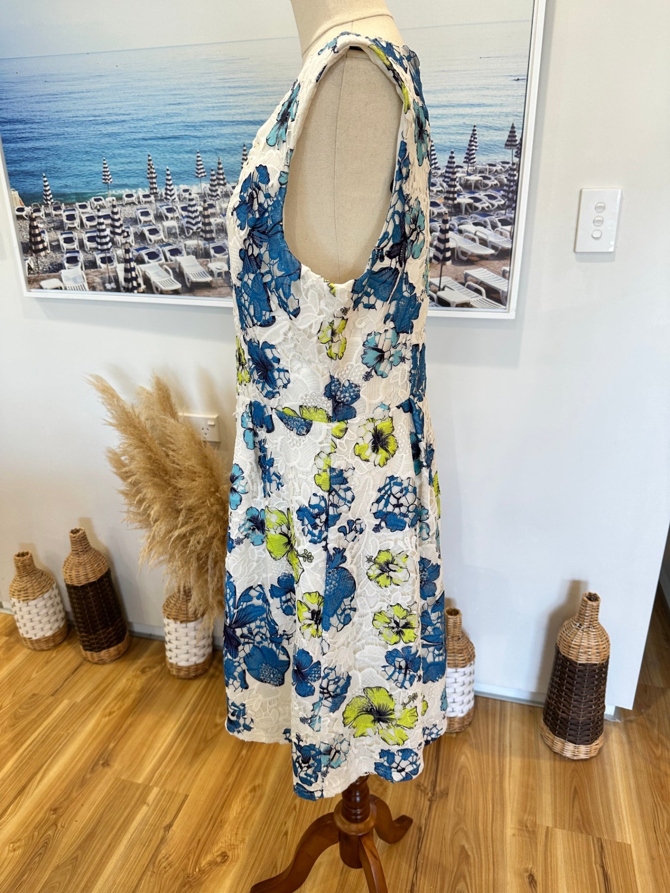 [SALE] Stella - Lace Shift Dress - Size 16- White, Blue + Lime Green