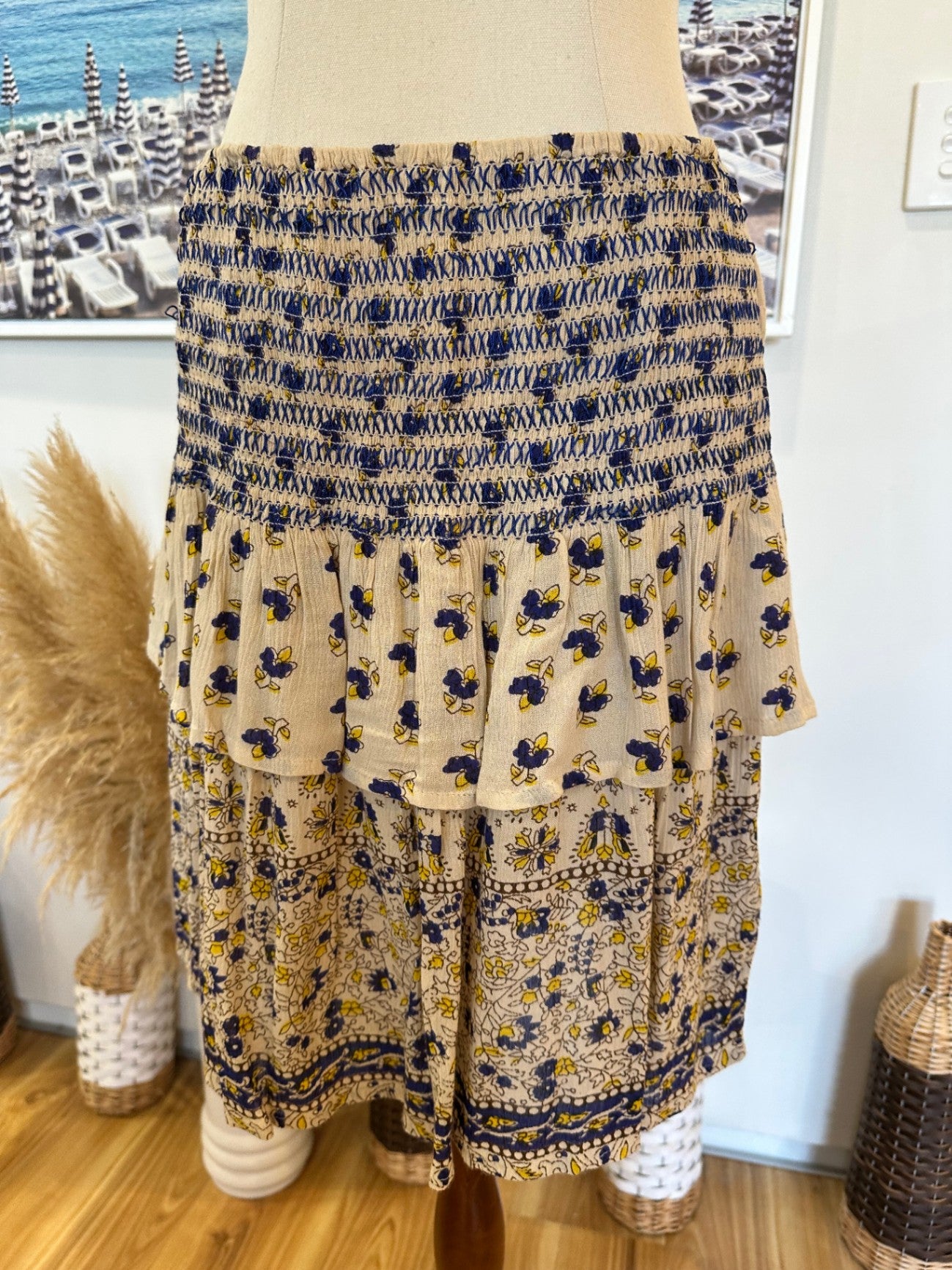 Boho Ra-Ra Skirt - Size Small - Cream, Blue, Yellow