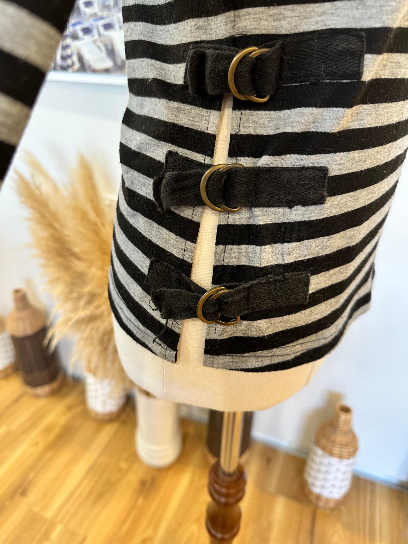 Long-sleeve Top - Size 12 - Black and Grey stripes w Buckle Feature