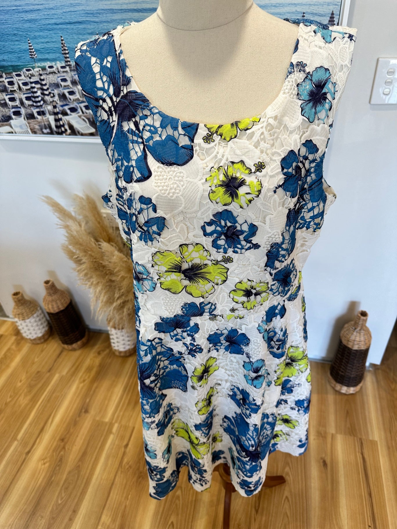 [SALE] Stella - Lace Shift Dress - Size 16- White, Blue + Lime Green