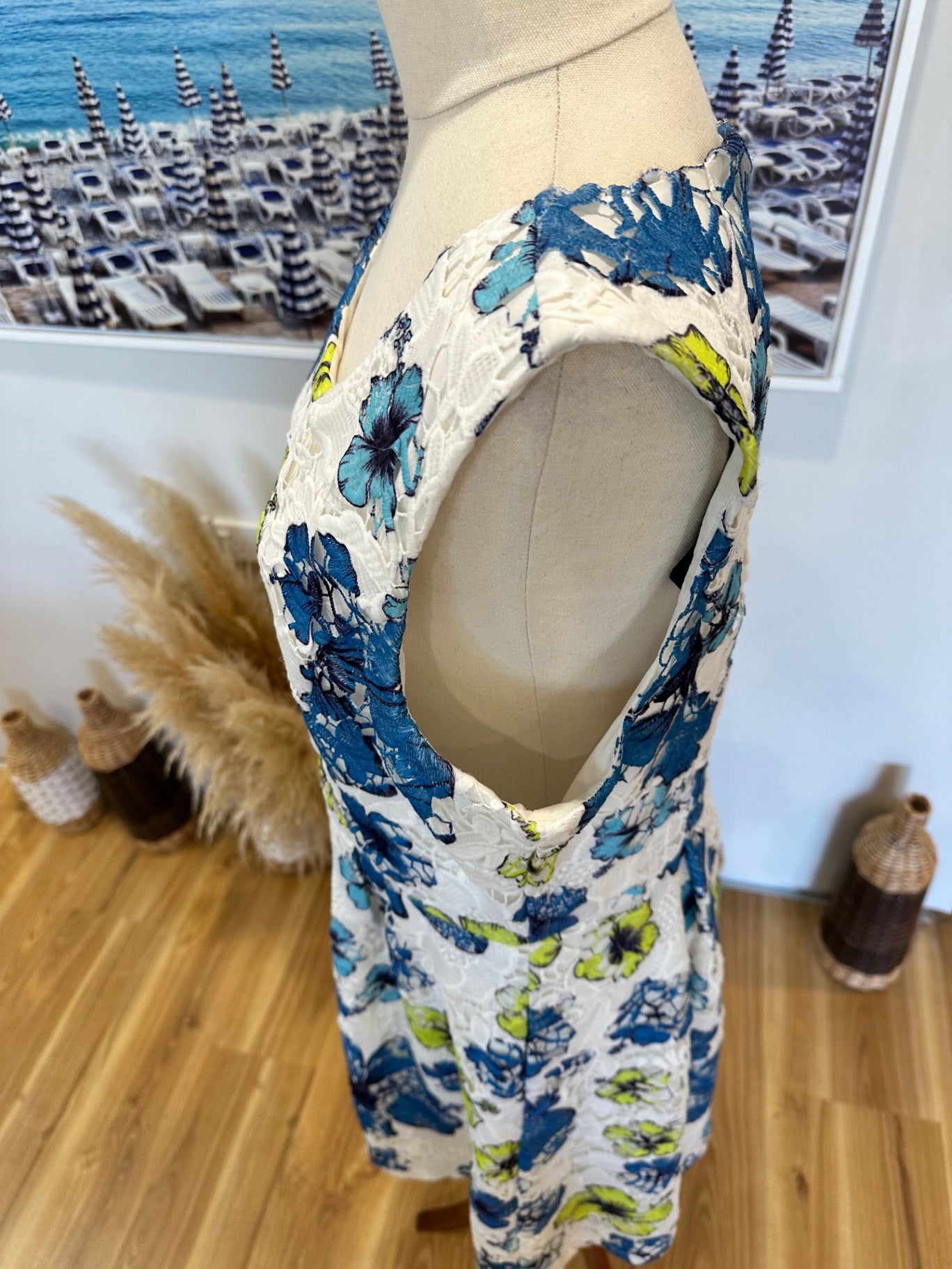 [SALE] Stella - Lace Shift Dress - Size 16- White, Blue + Lime Green