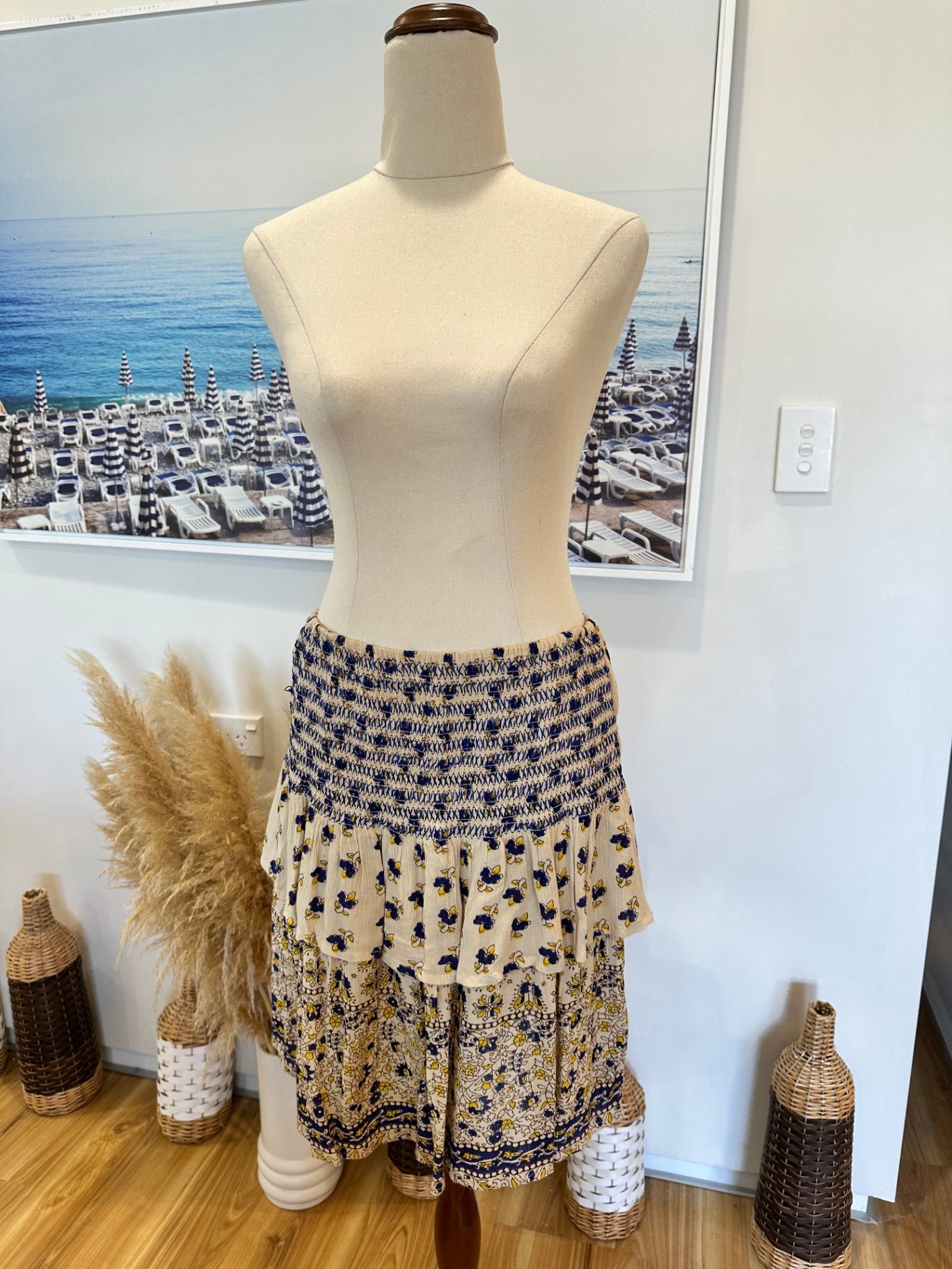 Boho Ra-Ra Skirt - Size Small - Cream, Blue, Yellow