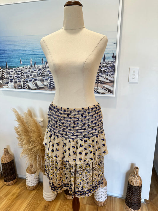 Boho Ra-Ra Skirt - Size Small - Cream, Blue, Yellow