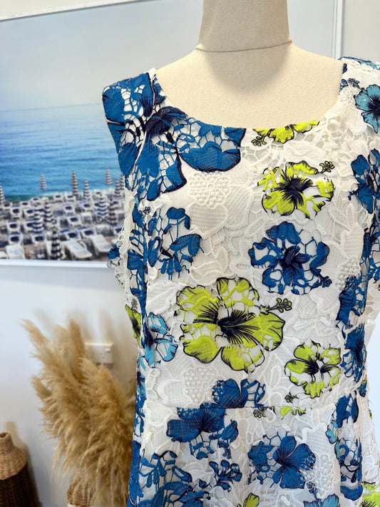 [SALE] Stella - Lace Shift Dress - Size 16- White, Blue + Lime Green