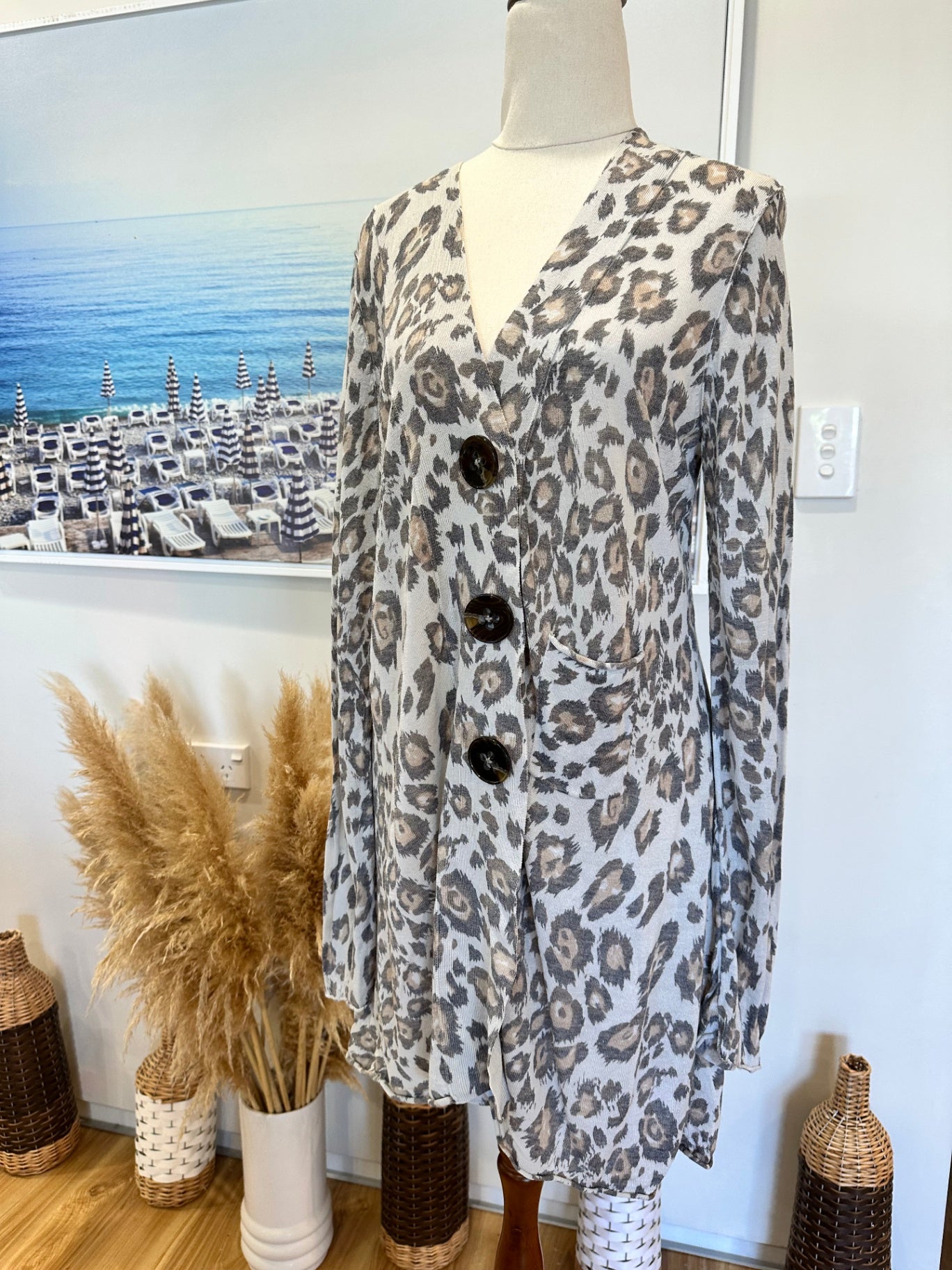 [SALE] Verge - Longline Cardigan - Large - Beige w leopard print