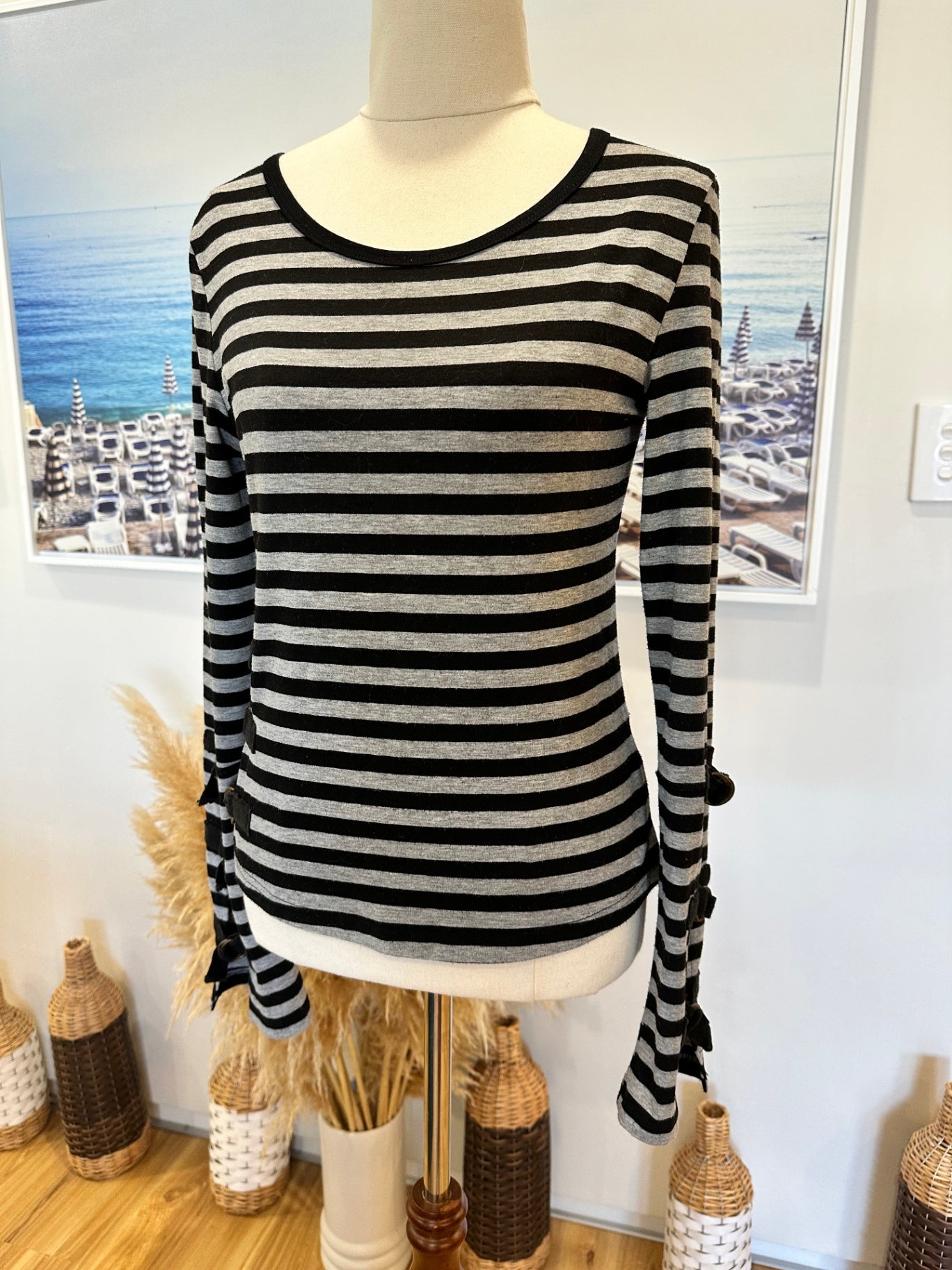 Long-sleeve Top - Size 12 - Black and Grey stripes w Buckle Feature