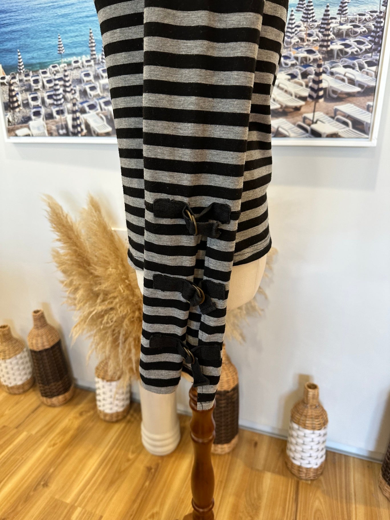 Long-sleeve Top - Size 12 - Black and Grey stripes w Buckle Feature