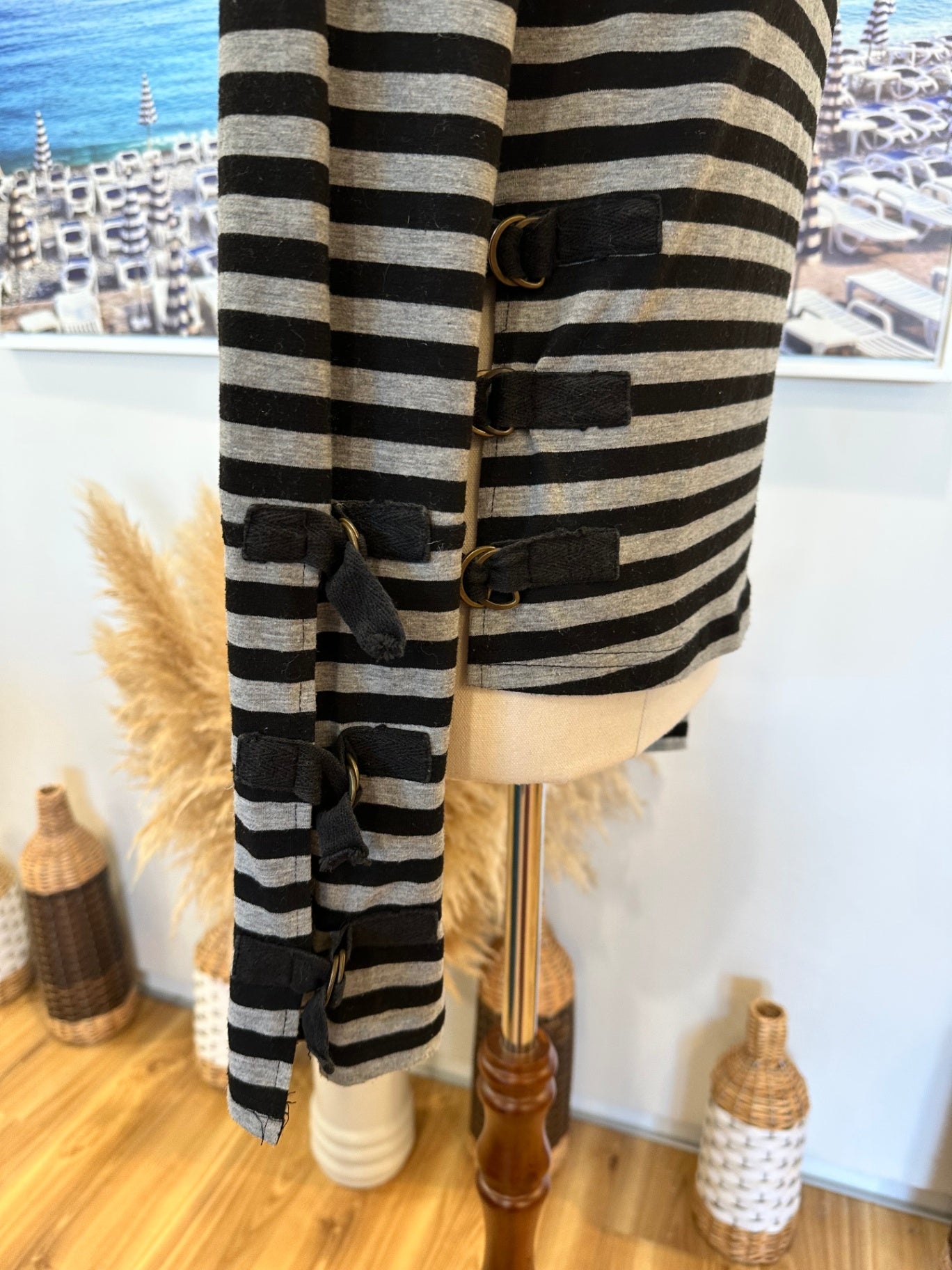 Long-sleeve Top - Size 12 - Black and Grey stripes w Buckle Feature