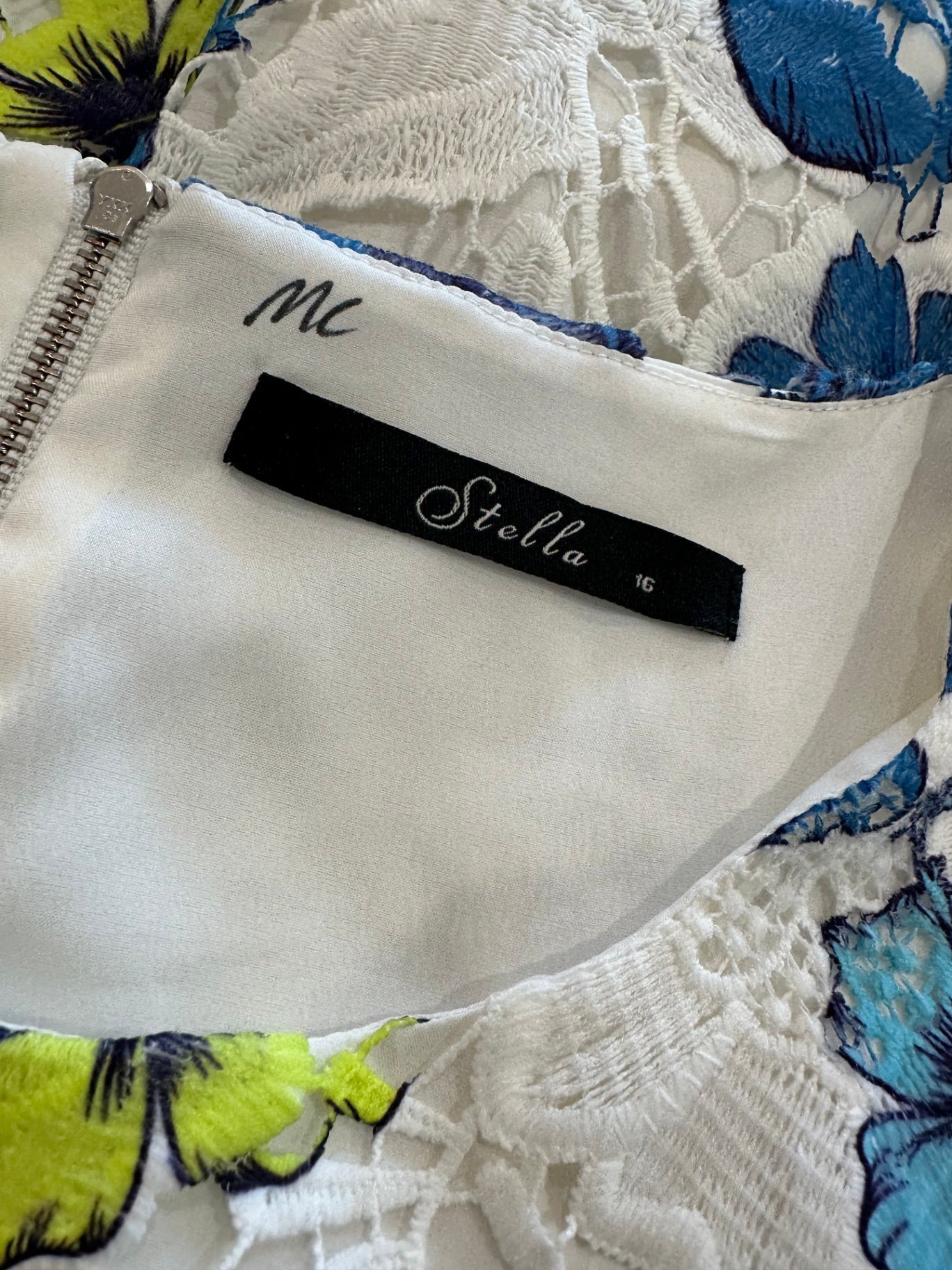 [SALE] Stella - Lace Shift Dress - Size 16- White, Blue + Lime Green