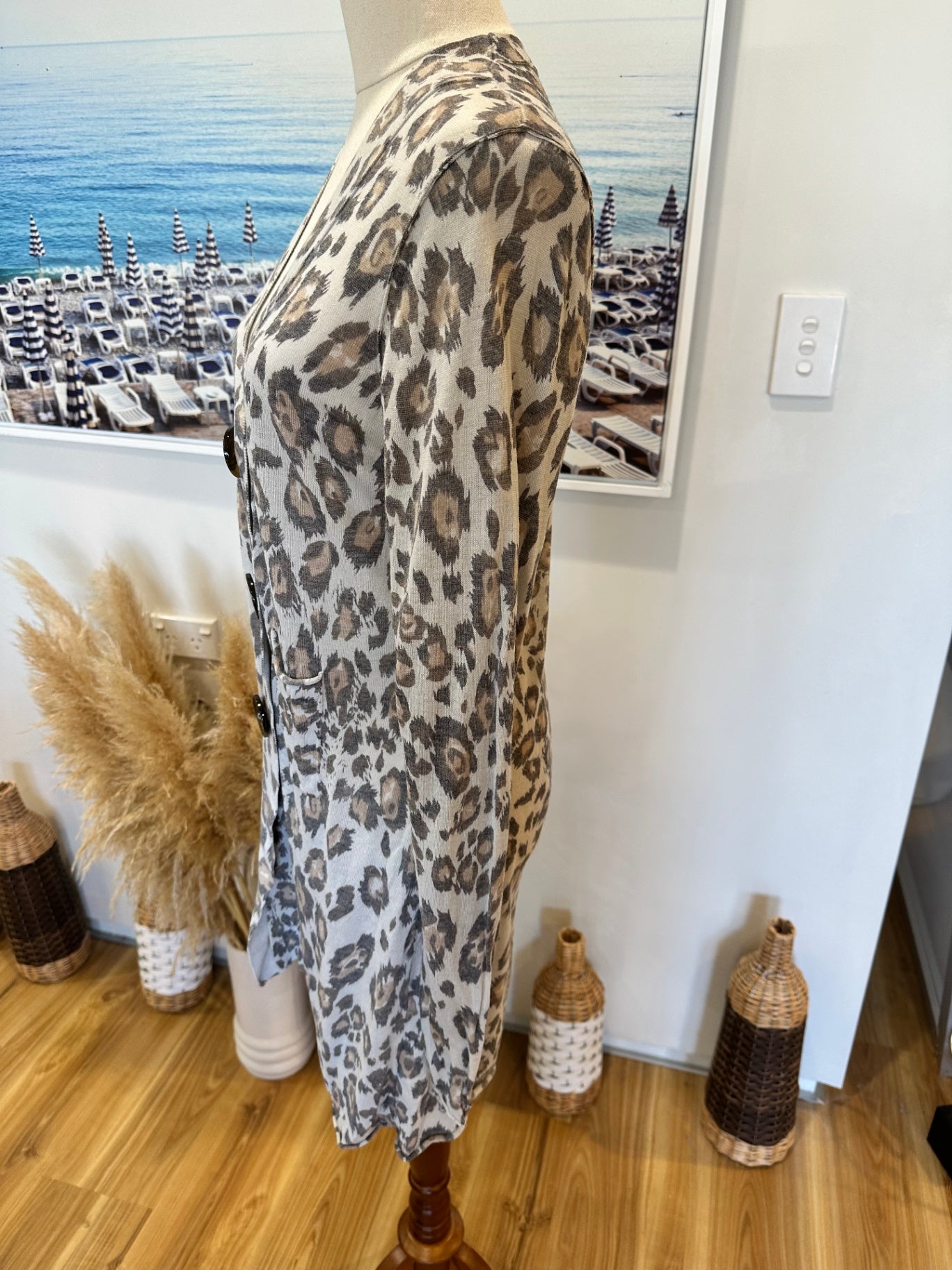 [SALE] Verge - Longline Cardigan - Large - Beige w leopard print