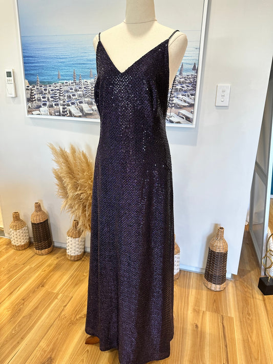 Sequin Gown w Diamante Straps - Medium - Black with shimmering effect