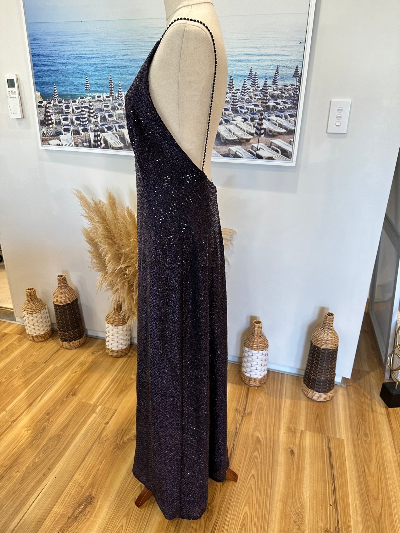 Sequin Gown w Diamante Straps - Medium - Black with shimmering effect