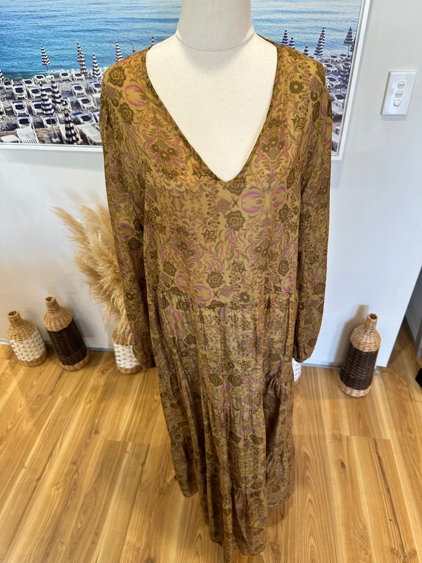 [SALE] Sills - Maxi Dress - Cotton - Size 14 - Olive green w Florals
