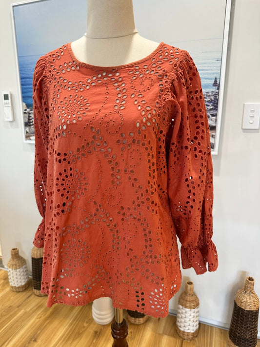 [SALE] Broderie Blouse - Small - Coral
