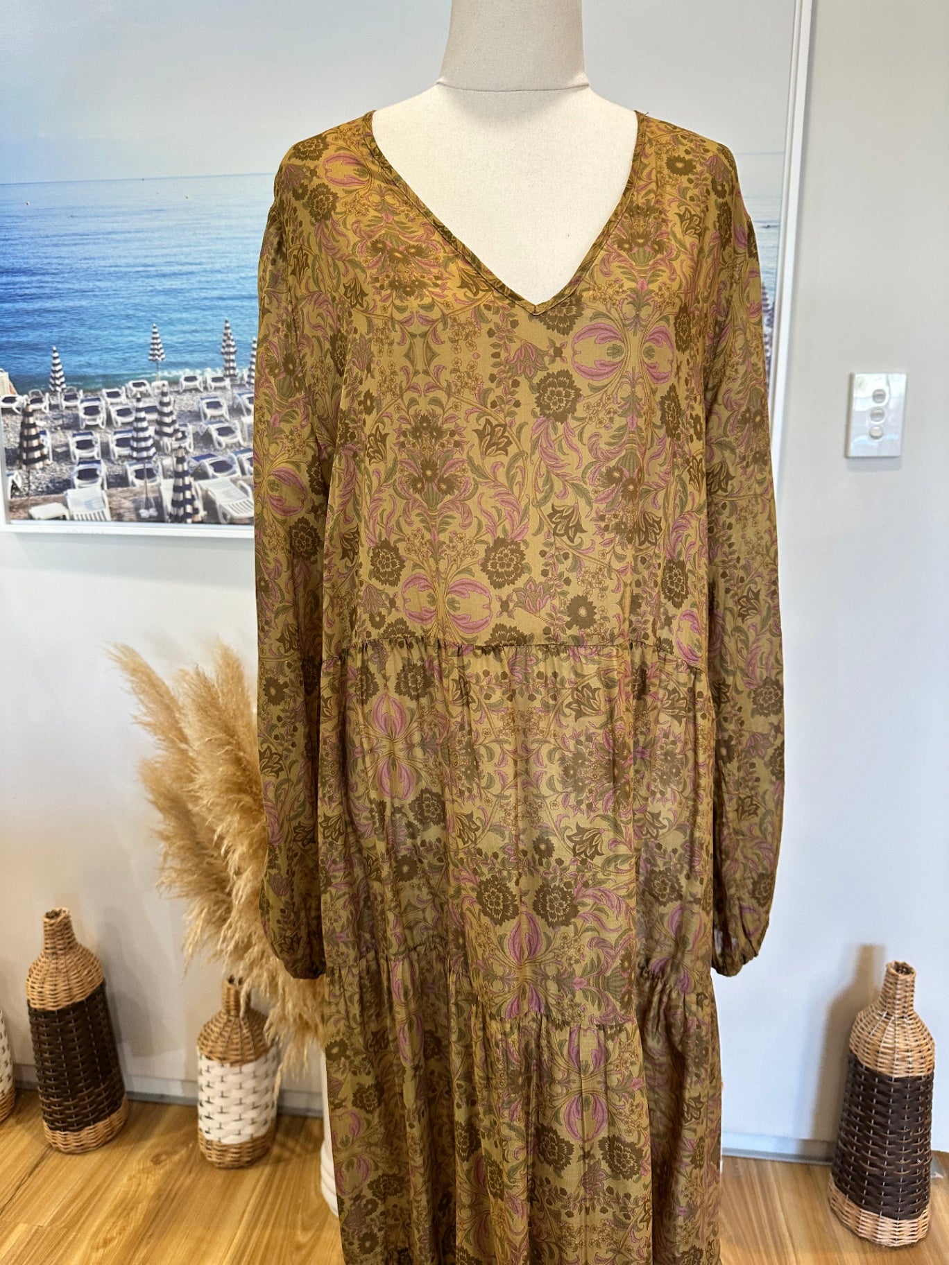 [SALE] Sills - Maxi Dress - Cotton - Size 14 - Olive green w Florals