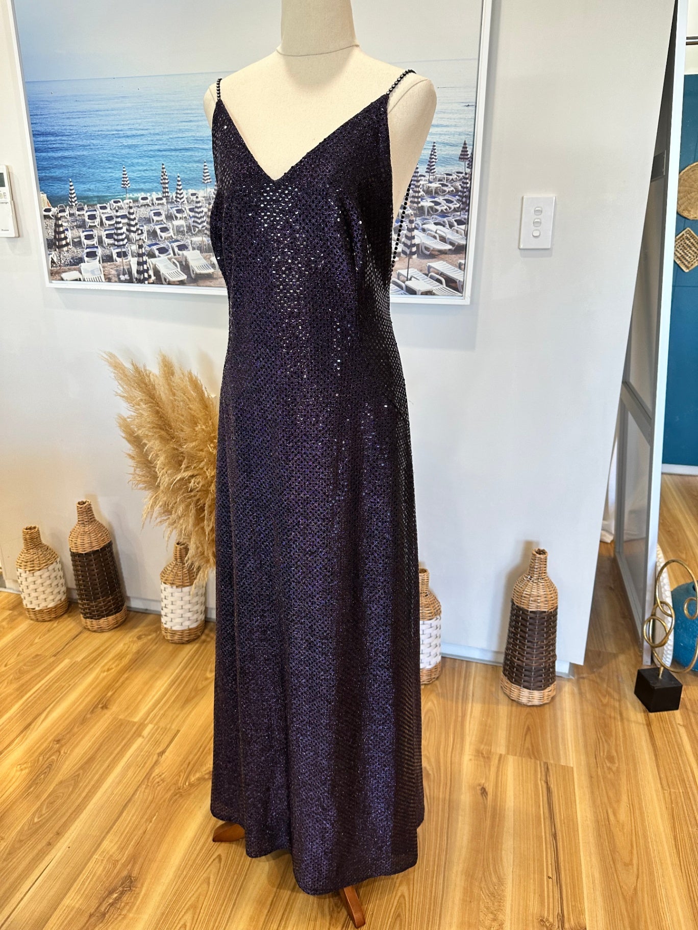 Sequin Gown w Diamante Straps - Medium - Black with shimmering effect