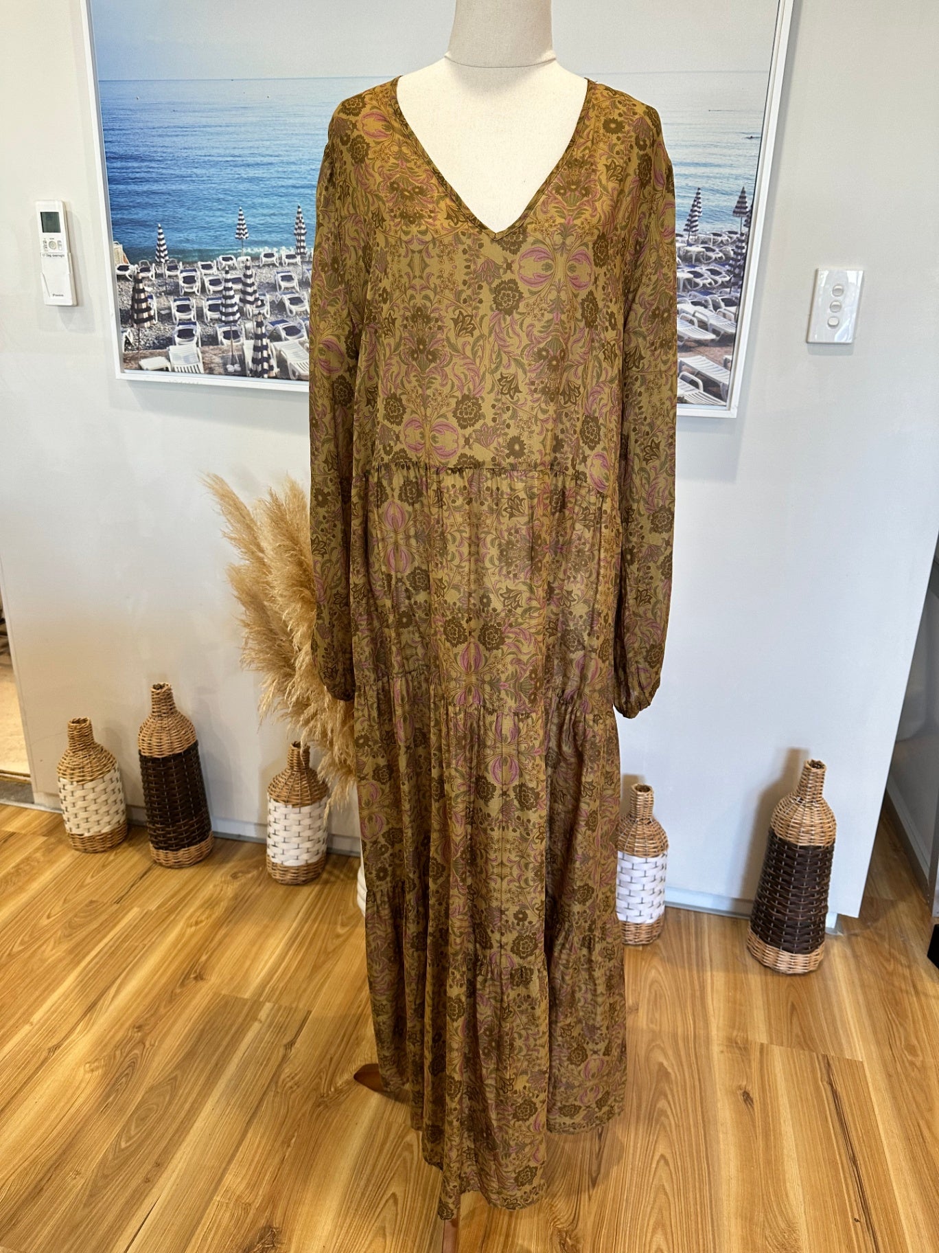 [SALE] Sills - Maxi Dress - Cotton - Size 14 - Olive green w Florals