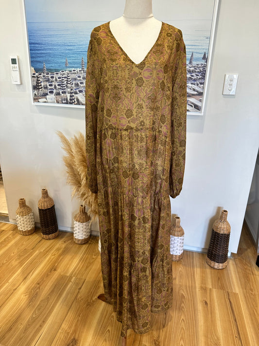 [SALE] Sills - Maxi Dress - Cotton - Size 14 - Olive green w Florals