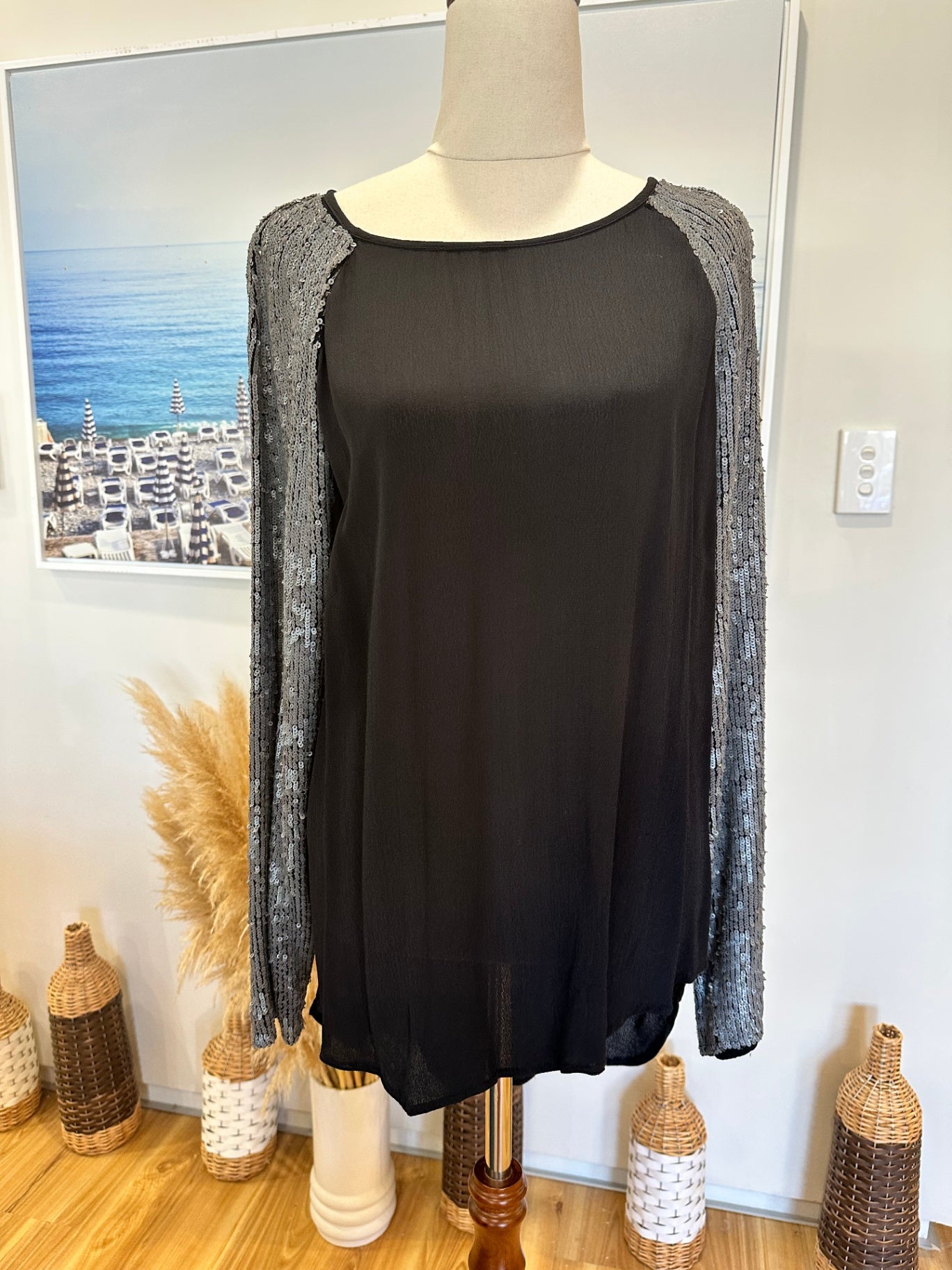 [SALE] Sequin Sleeve Top - Small - Black and Silver