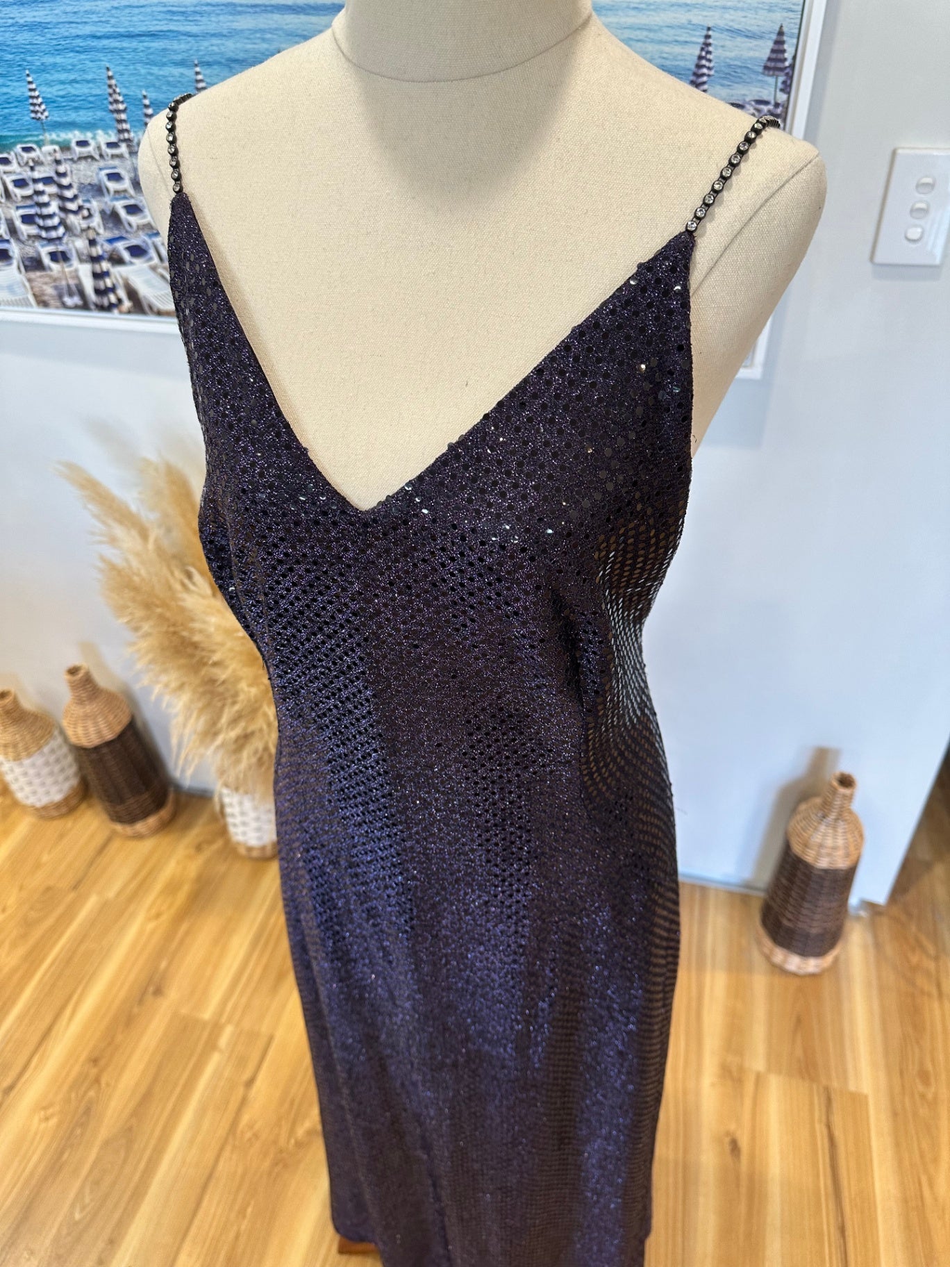 Sequin Gown w Diamante Straps - Medium - Black with shimmering effect