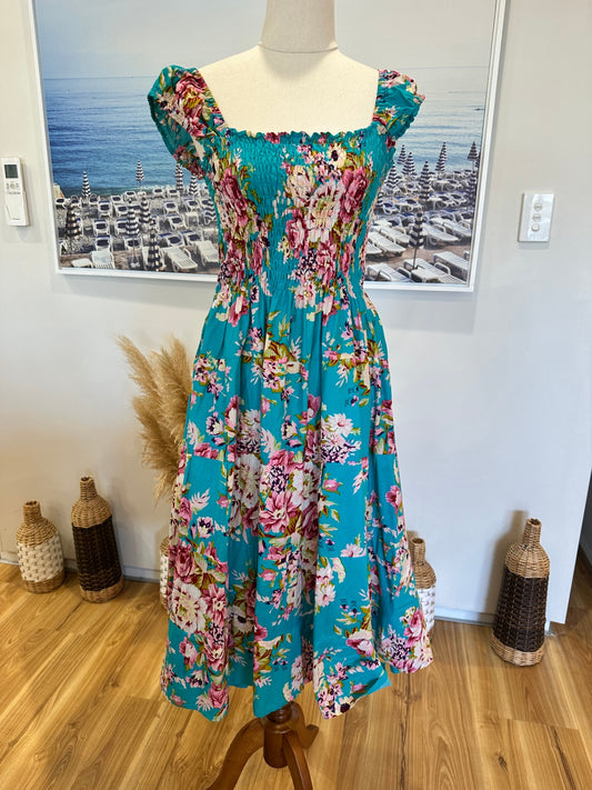 Sun Dress - Medium / Large - Blue w Flowers