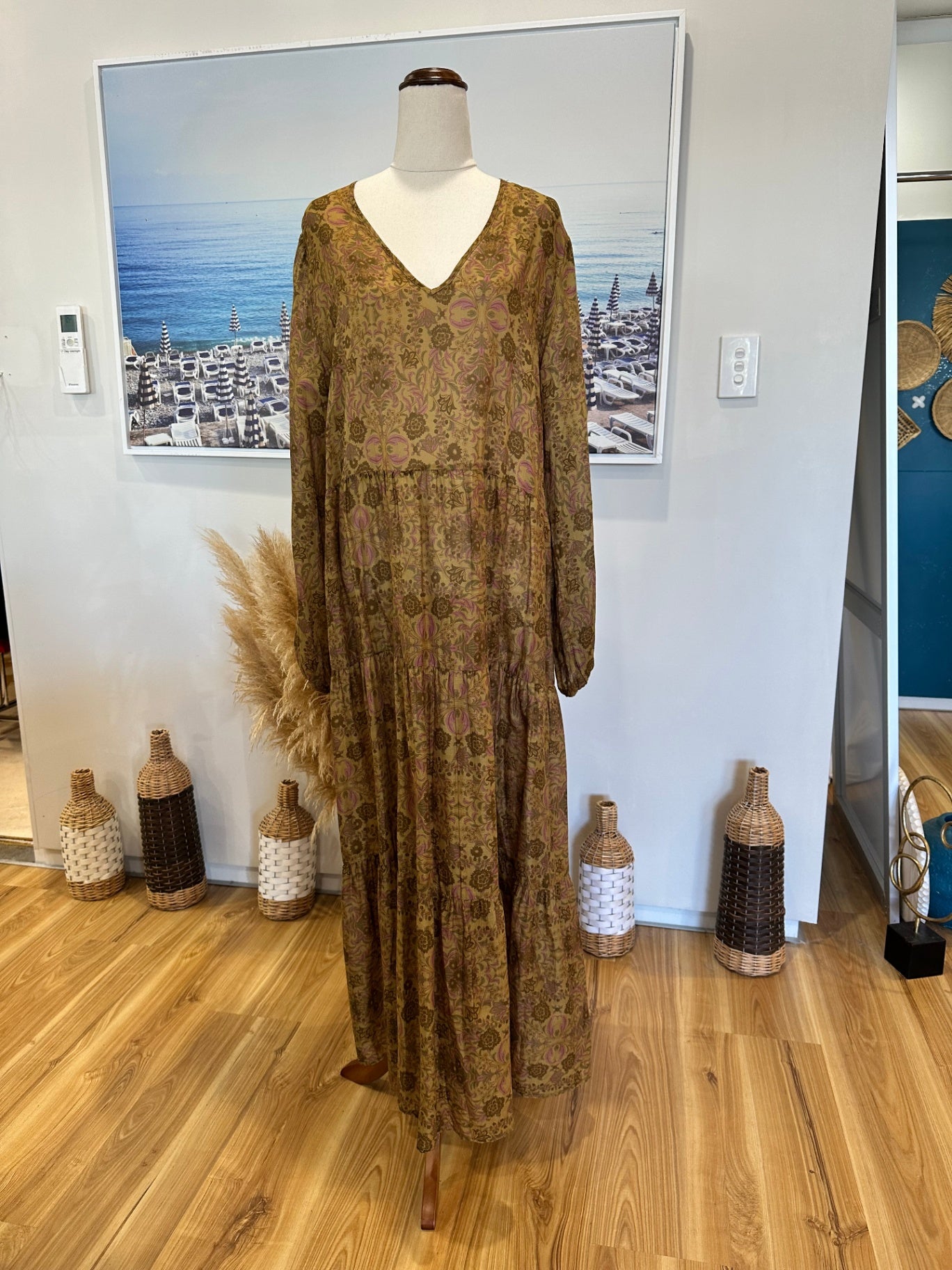 [SALE] Sills - Maxi Dress - Cotton - Size 14 - Olive green w Florals