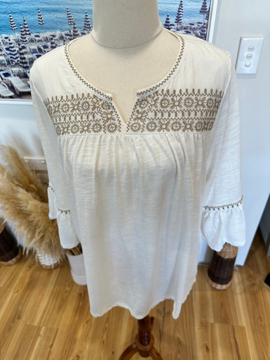 [SALE] Suzanne Grae - Boho Blouse - Medium - Cream w taupe embroidery