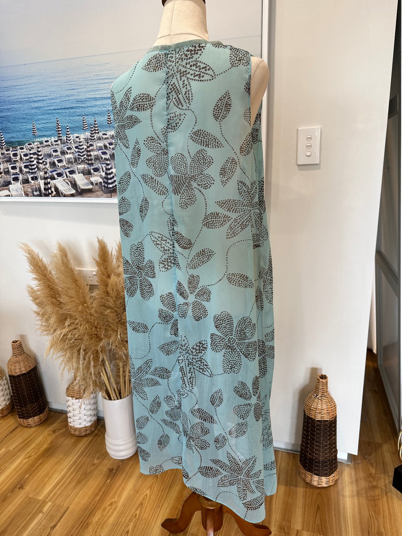 [SALE] Chiffon Sleeveless Dress - Large - Light Blue with Pattern