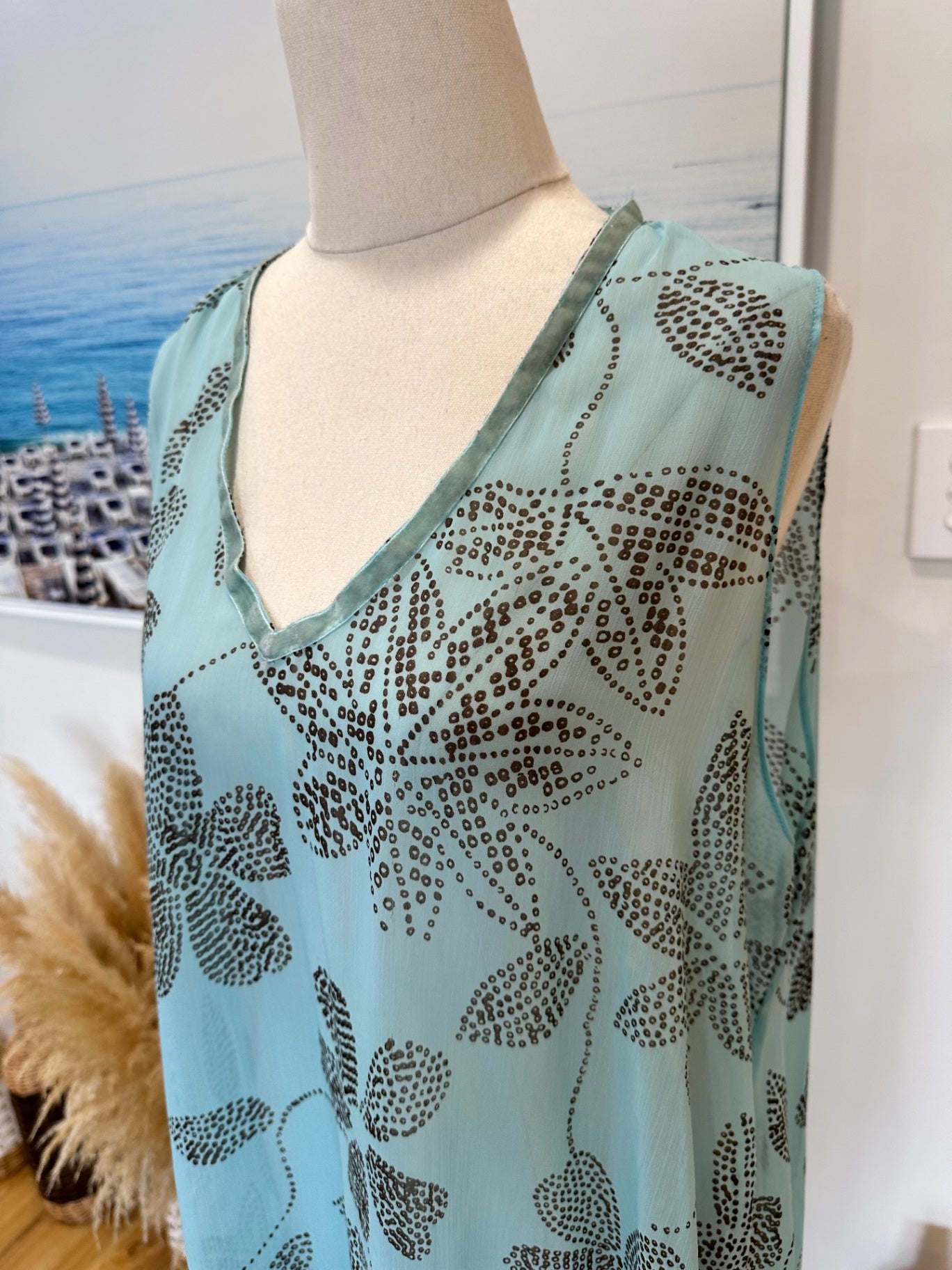 [SALE] Chiffon Sleeveless Dress - Large - Light Blue with Pattern
