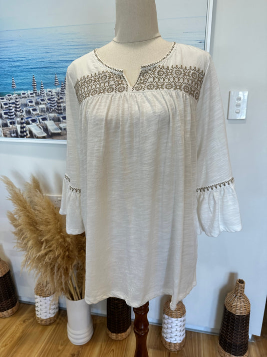 [SALE] Suzanne Grae - Boho Blouse - Medium - Cream w taupe embroidery