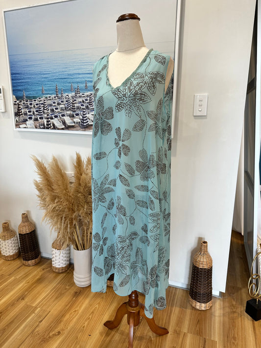[SALE] Chiffon Sleeveless Dress - Large - Light Blue with Pattern