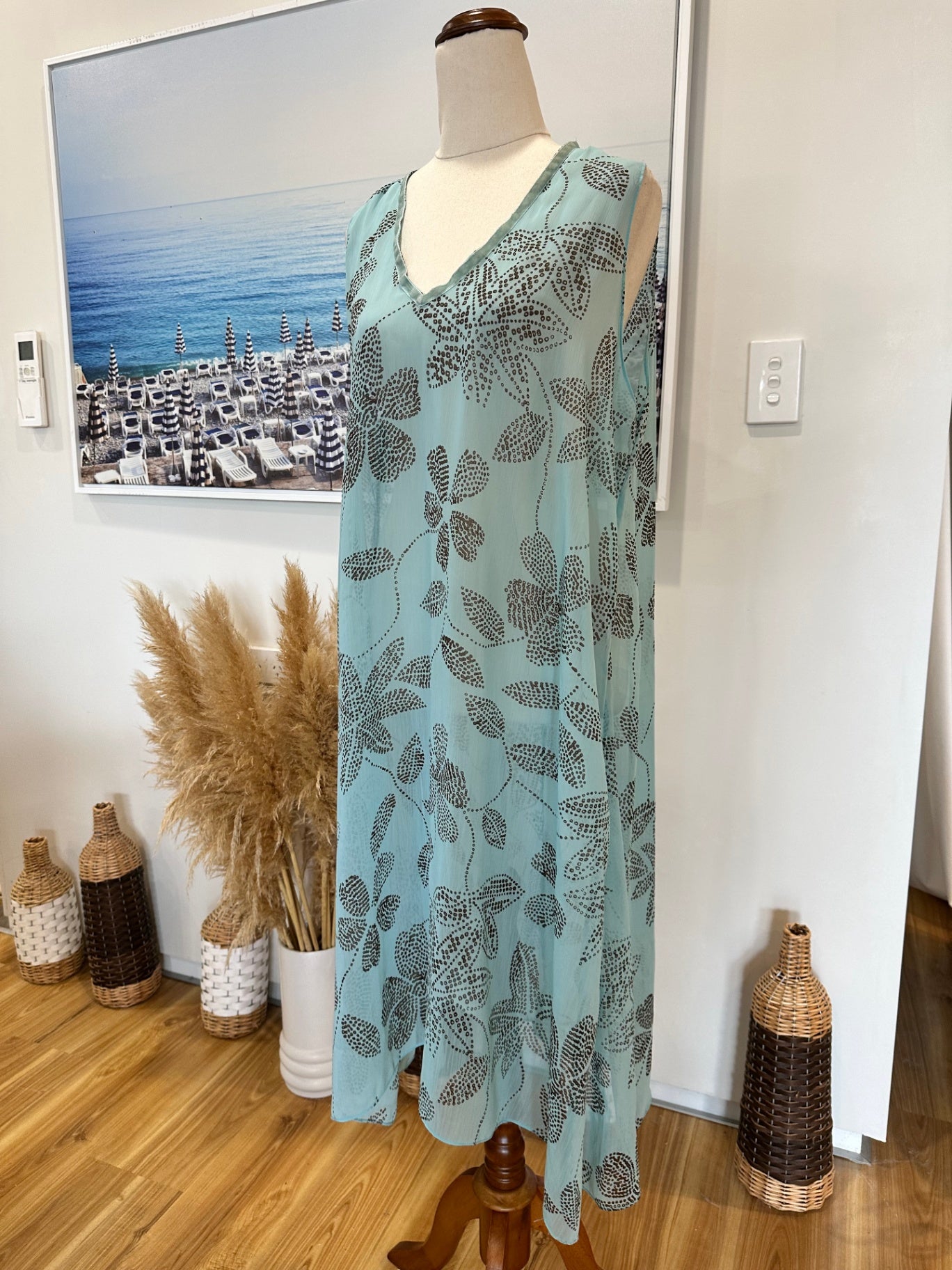 [SALE] Chiffon Sleeveless Dress - Large - Light Blue with Pattern