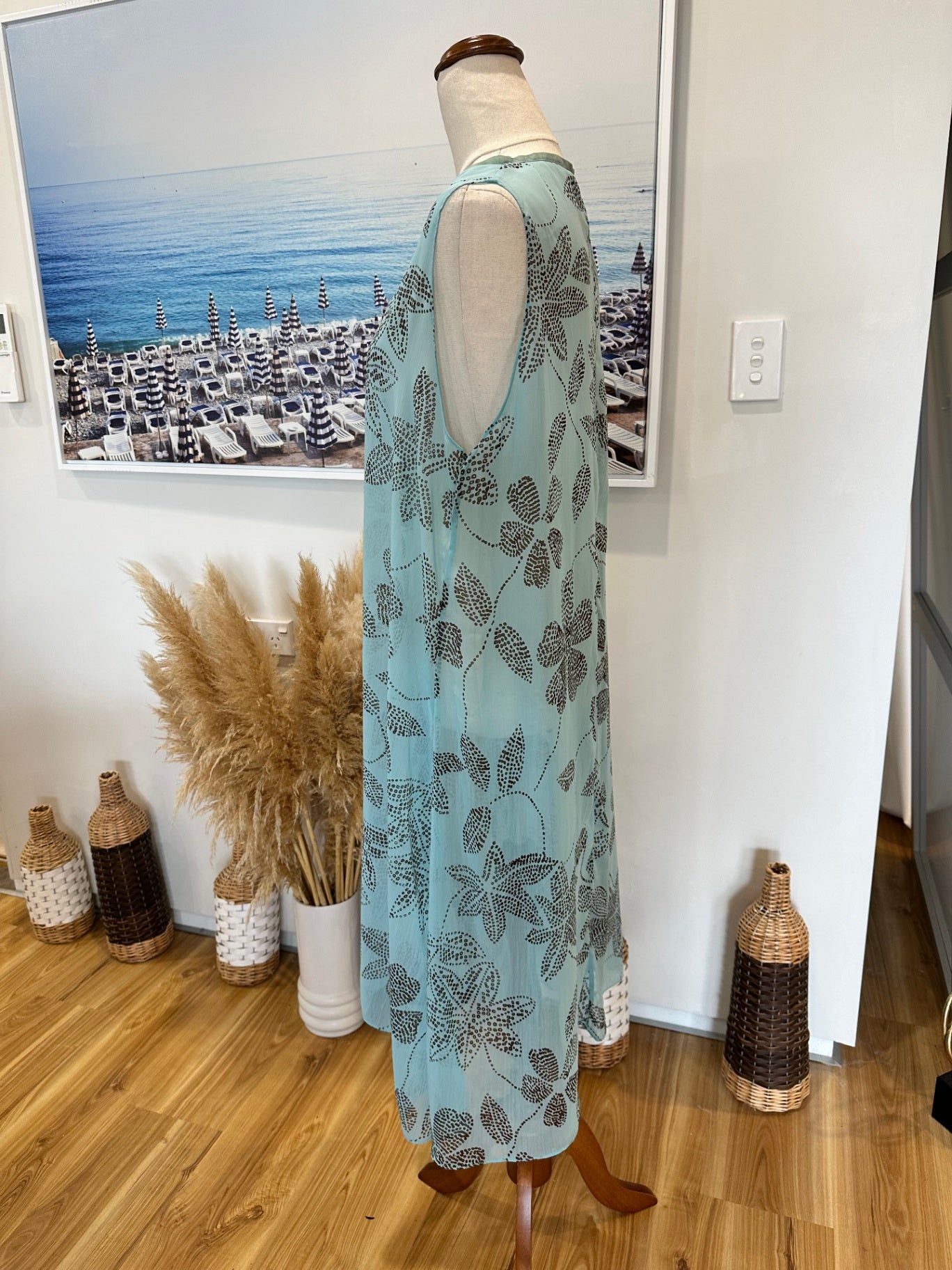 [SALE] Chiffon Sleeveless Dress - Large - Light Blue with Pattern
