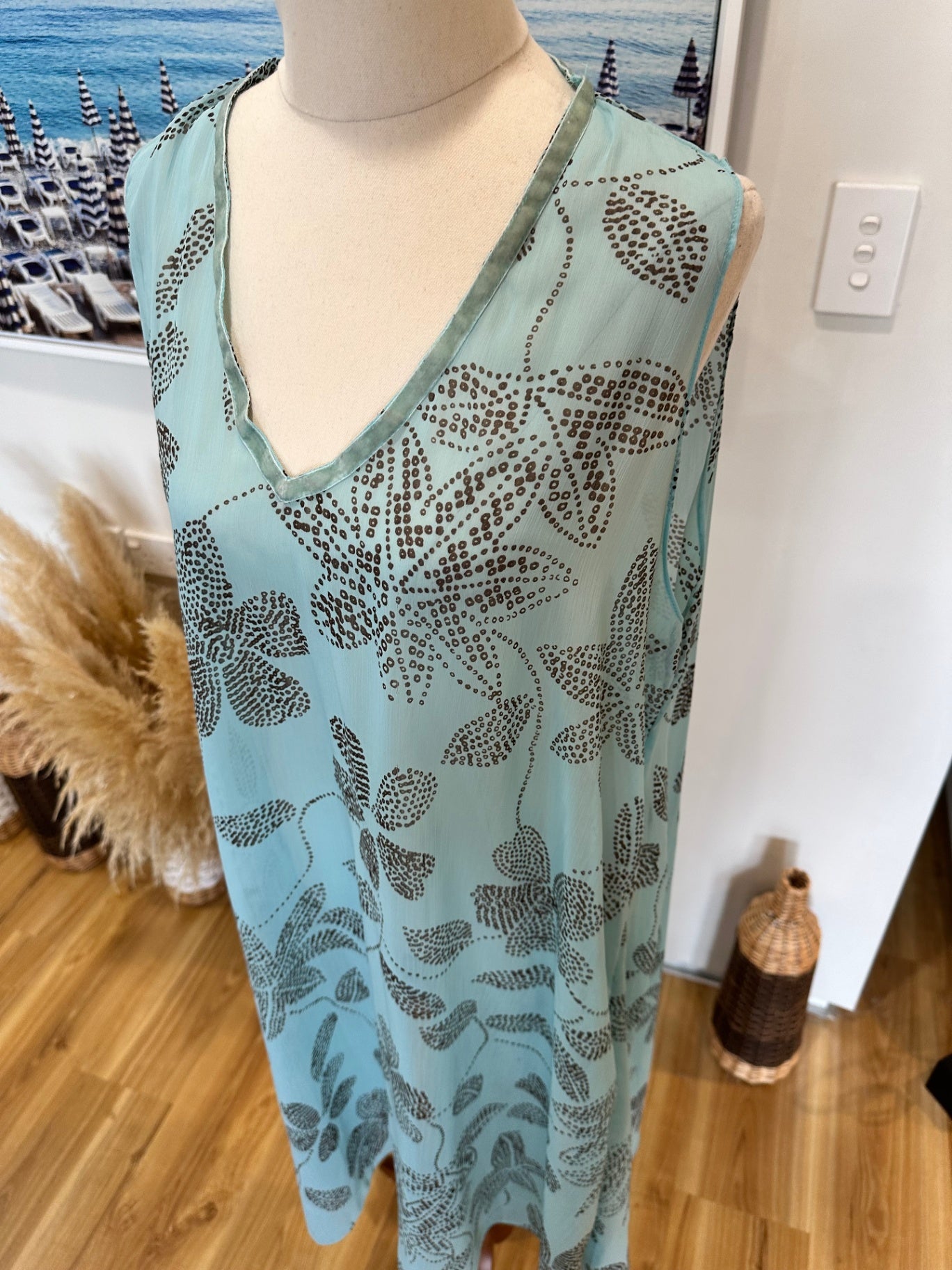 [SALE] Chiffon Sleeveless Dress - Large - Light Blue with Pattern