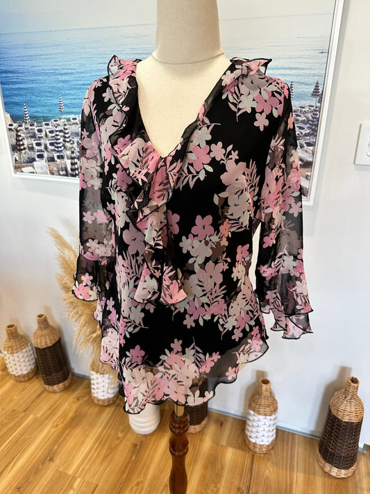 [SALE] Expression - Blouse - Size 12 - Black with pink and white floral pattern