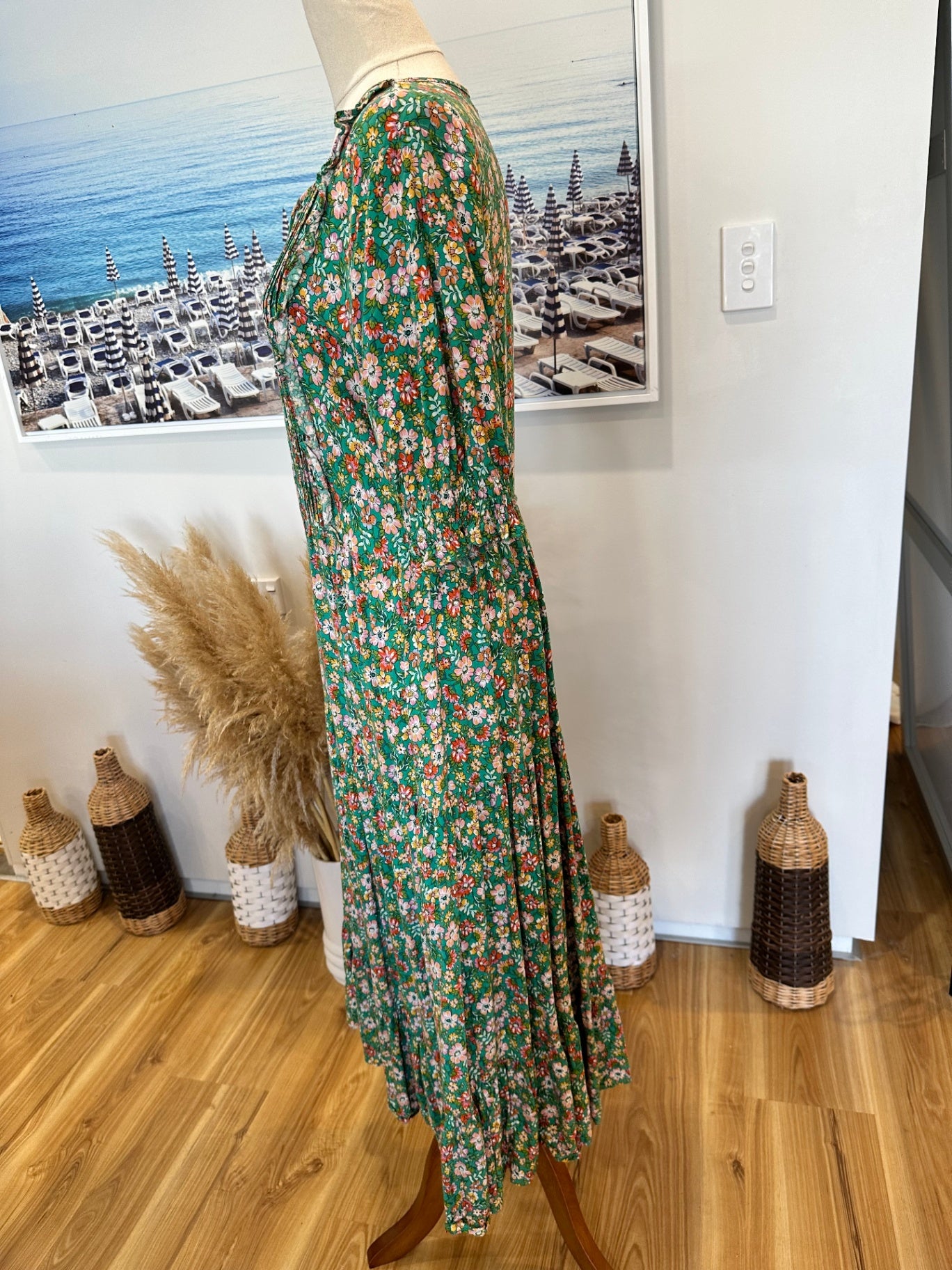 Dreamcatcher - Bohemian - Maxi Dress - Small Green with pink, white, and red floral pattern