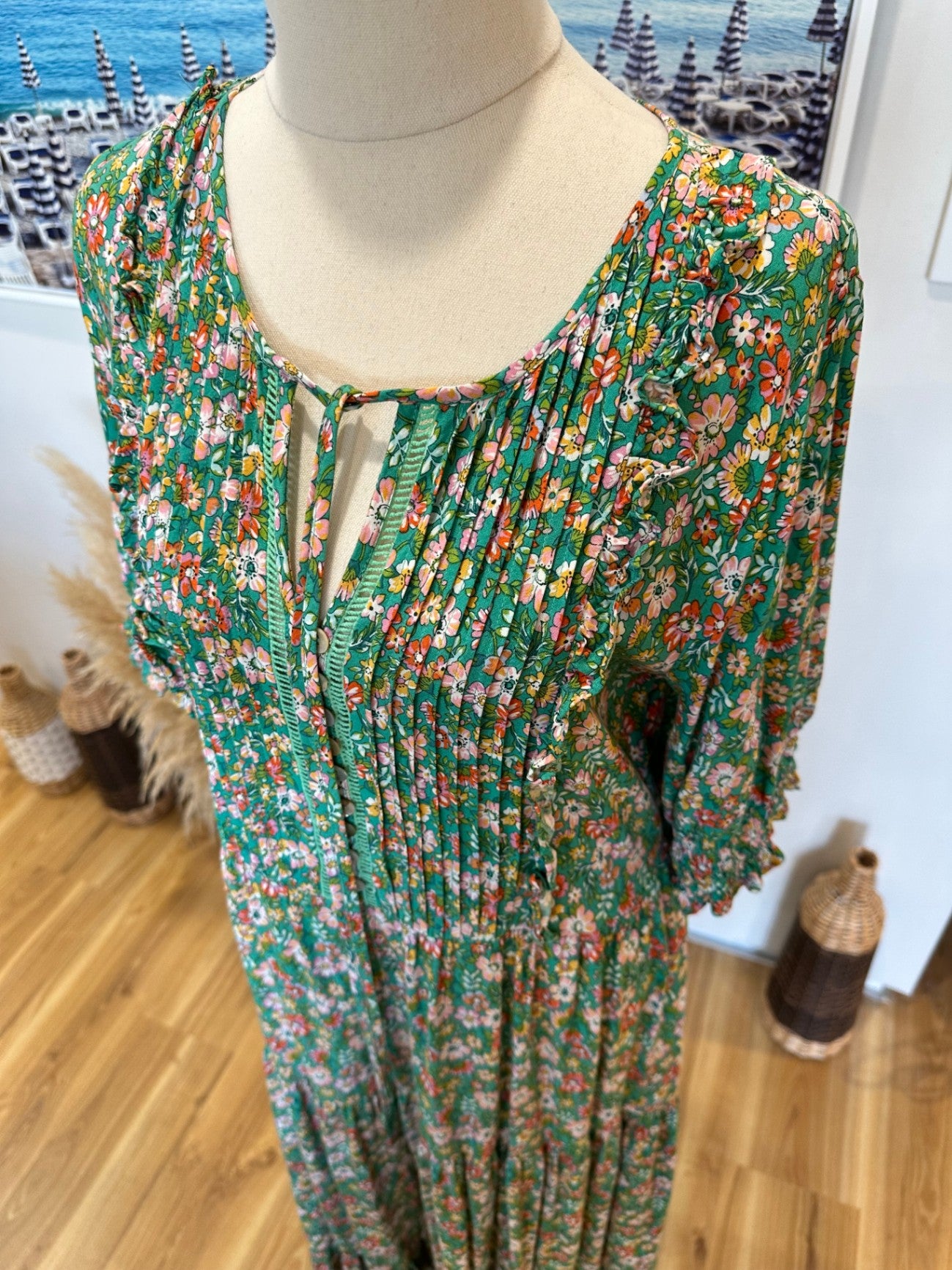 Dreamcatcher - Bohemian - Maxi Dress - Small Green with pink, white, and red floral pattern